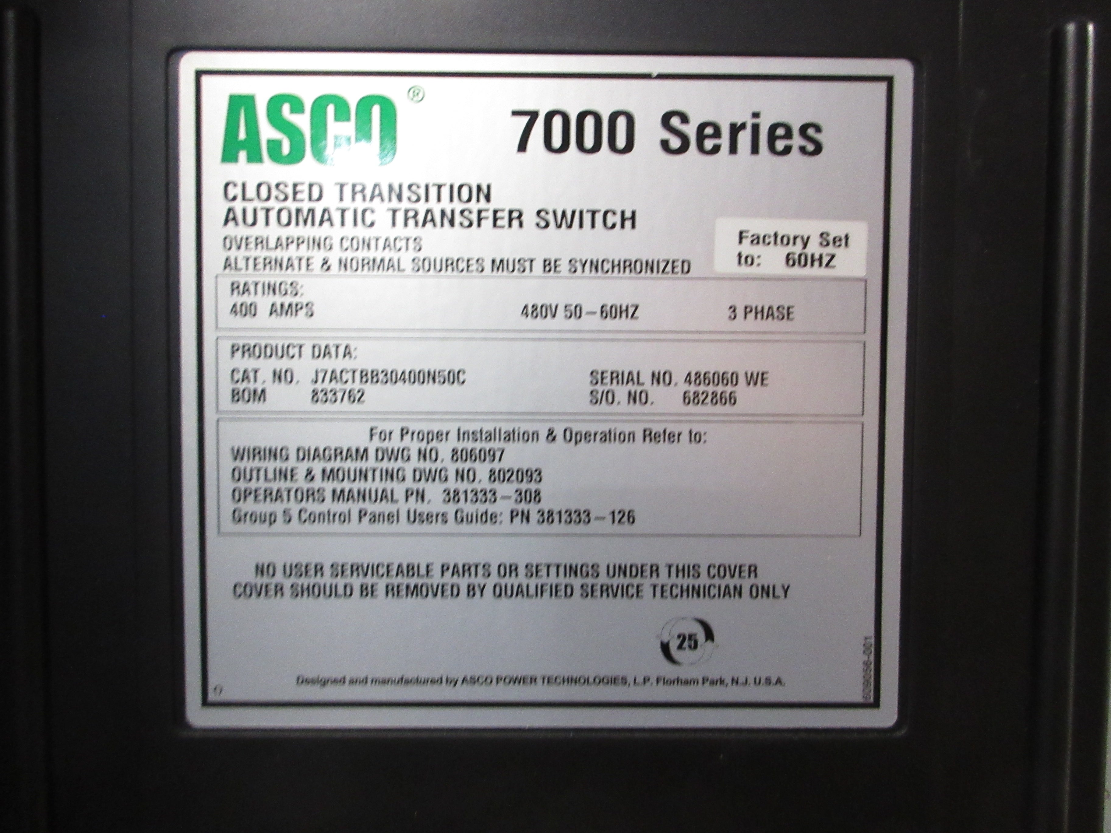 Asco 7000 Series Automatic Transfer Switch w/ Bypass J7ACTBB30400N50C 400A Used