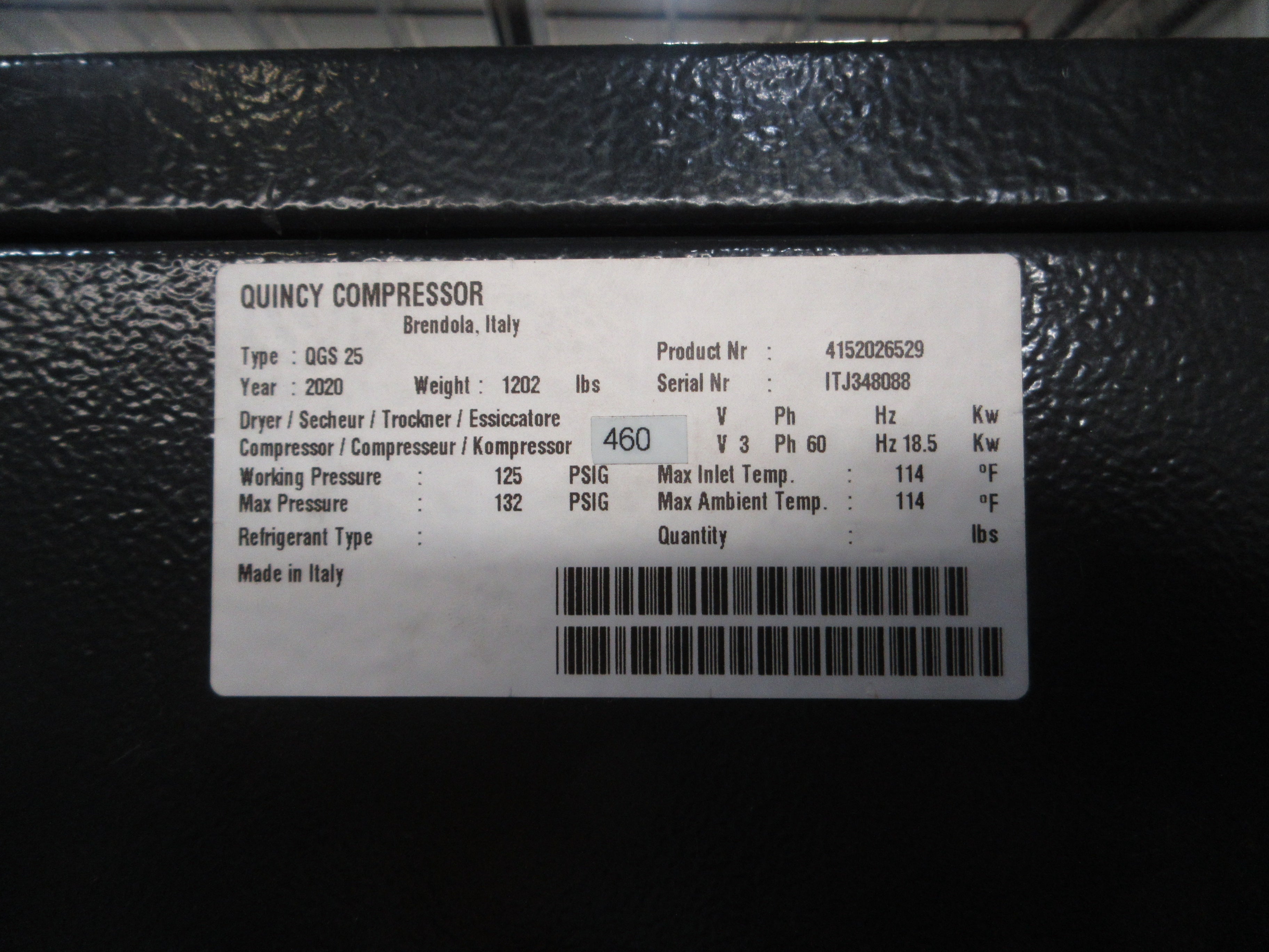 Quincy Rotary Screw Air Compressor QGS 25 25HP 460V 3Ph 60Hz 125PSIG Used