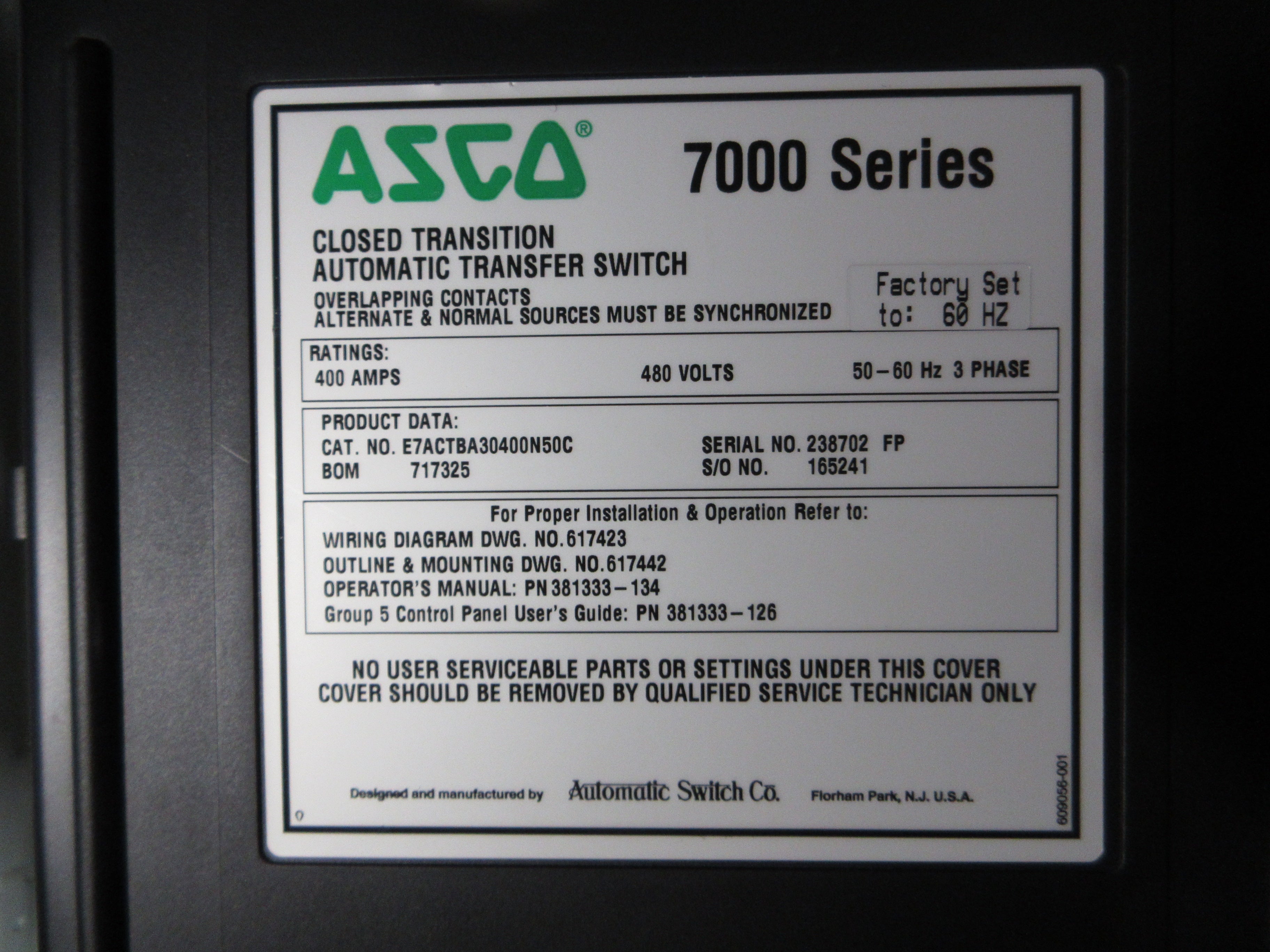 Asco 7000 Series Automatic Transfer Switch w/ Bypass E7ACTBA30400N50C 400A Used