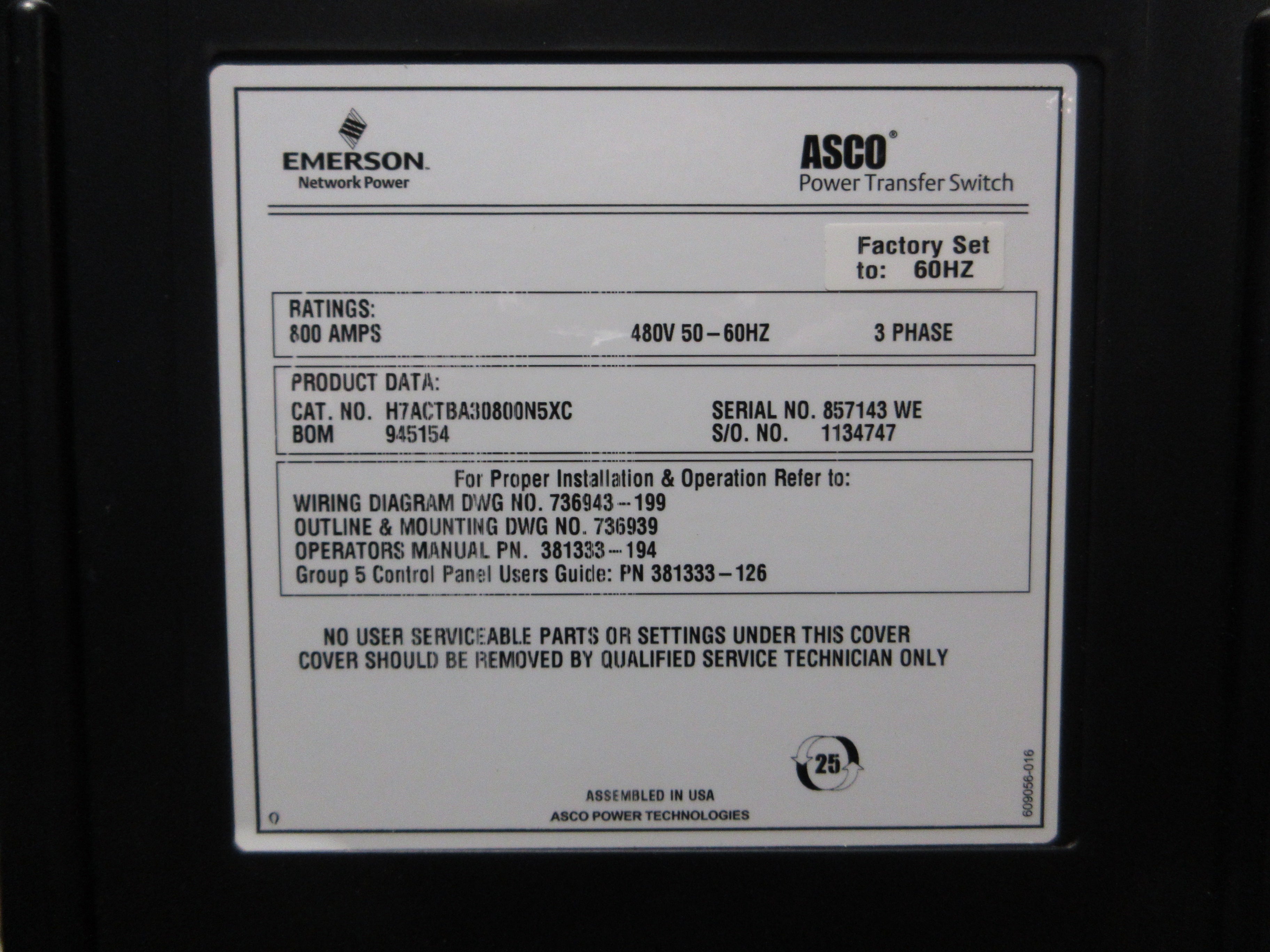 Asco 7000 Series Automatic Transfer Switch w/ Bypass H7ACTBA30800N5XC 800A Used
