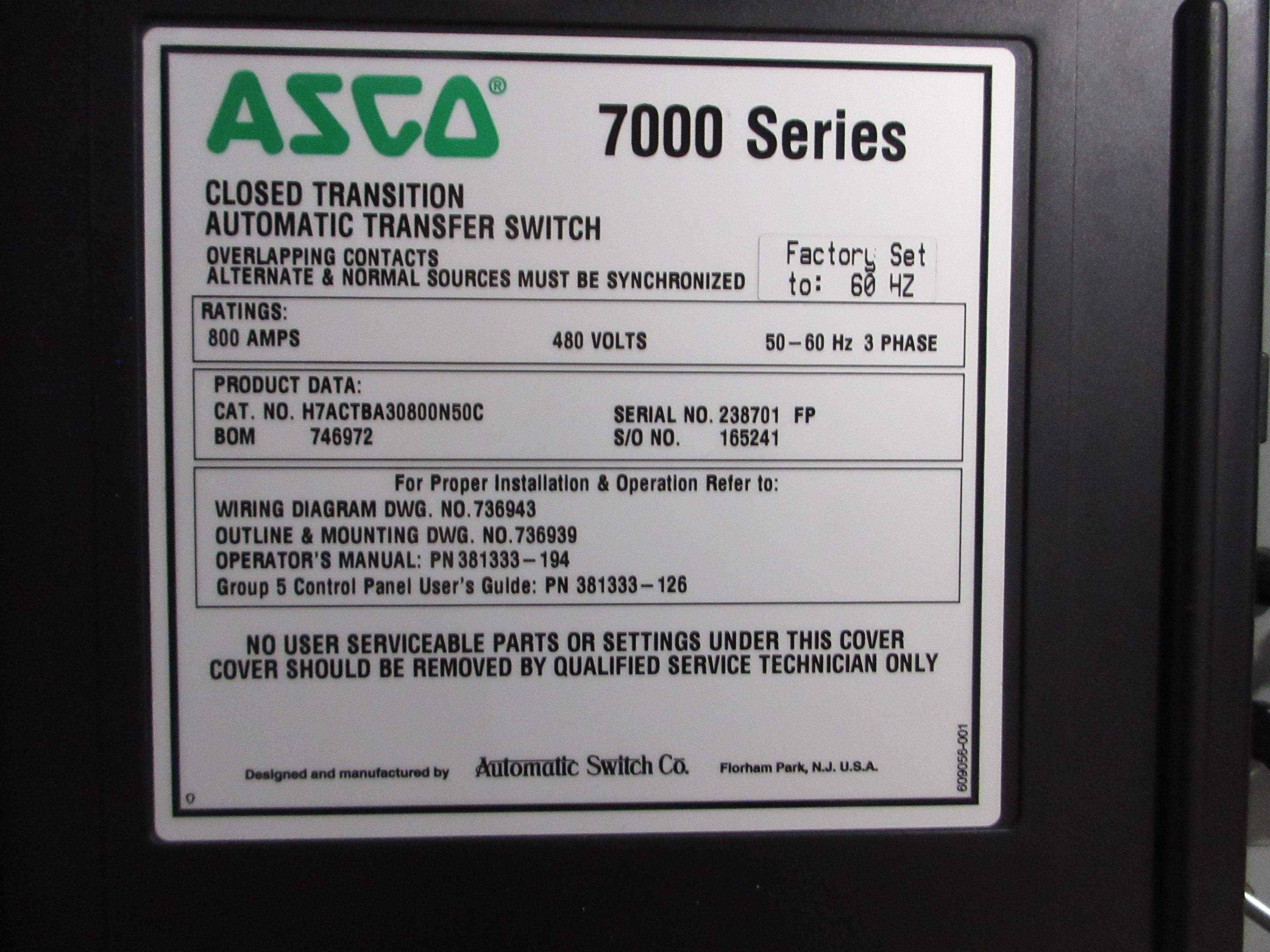 Asco 7000 Series Automatic Transfer Switch w/ Bypass H7ACTBA30800N50C 800A Used