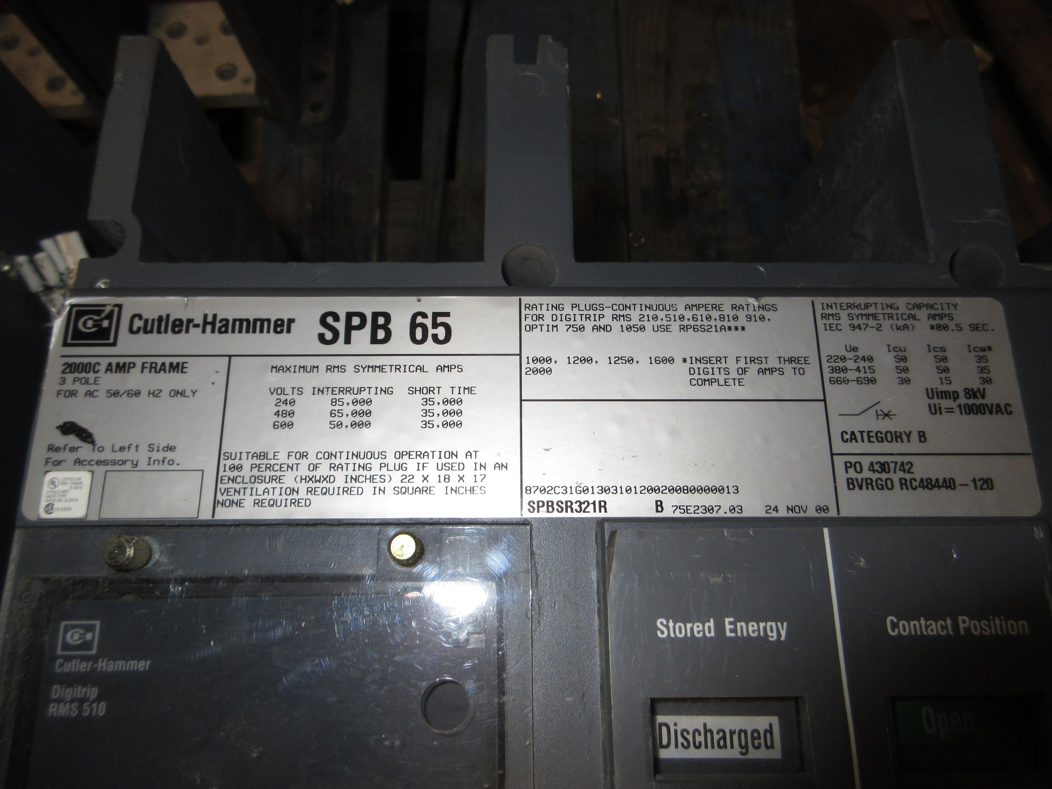 Cutler-Hammer Circuit Breaker SPB 65 2000C Amp Frame 2000A Rating Plug 600V Used