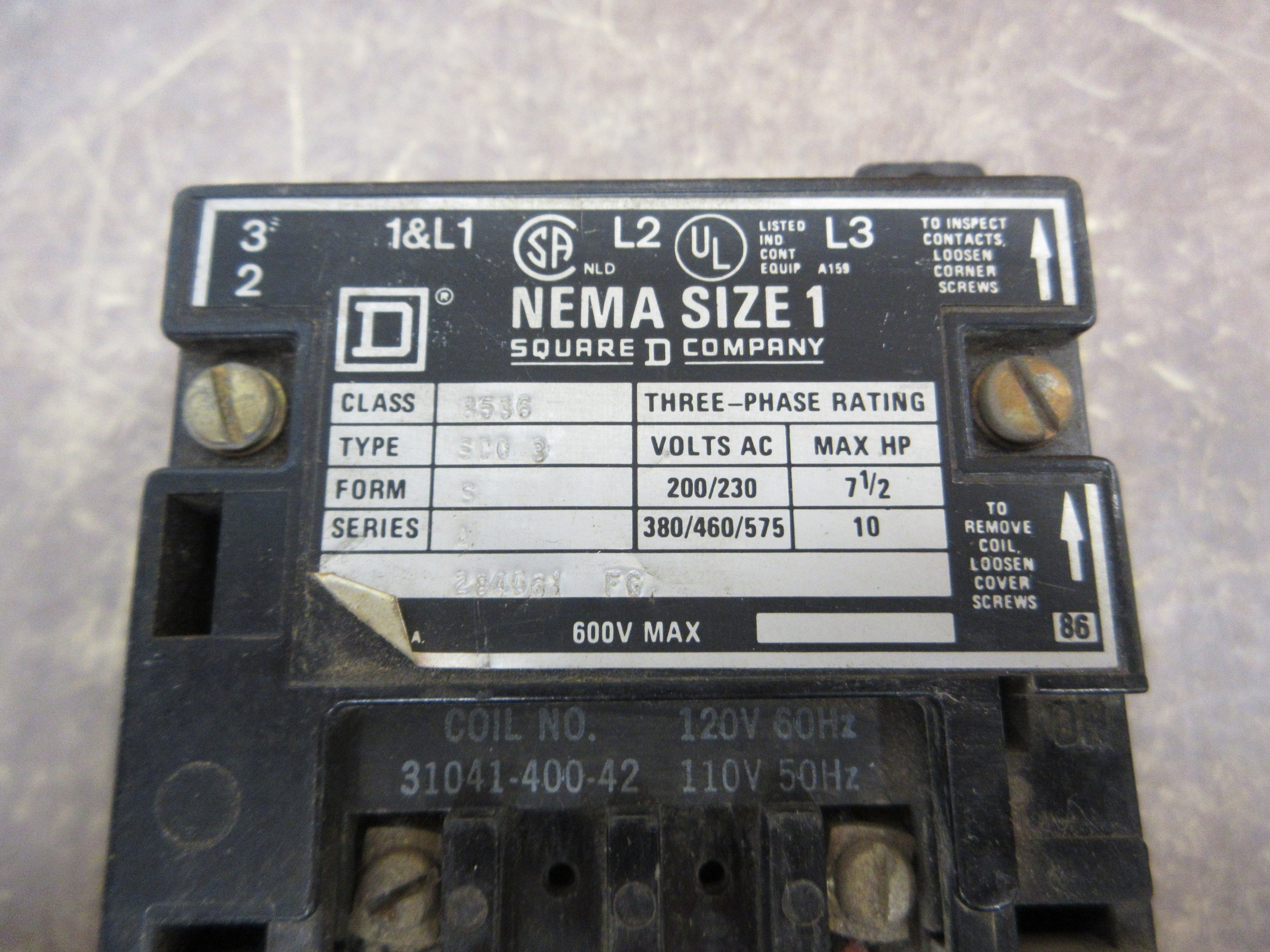 Square D Size 1 Starter 8536 SCO 3 Ser. A 120V Coil Used