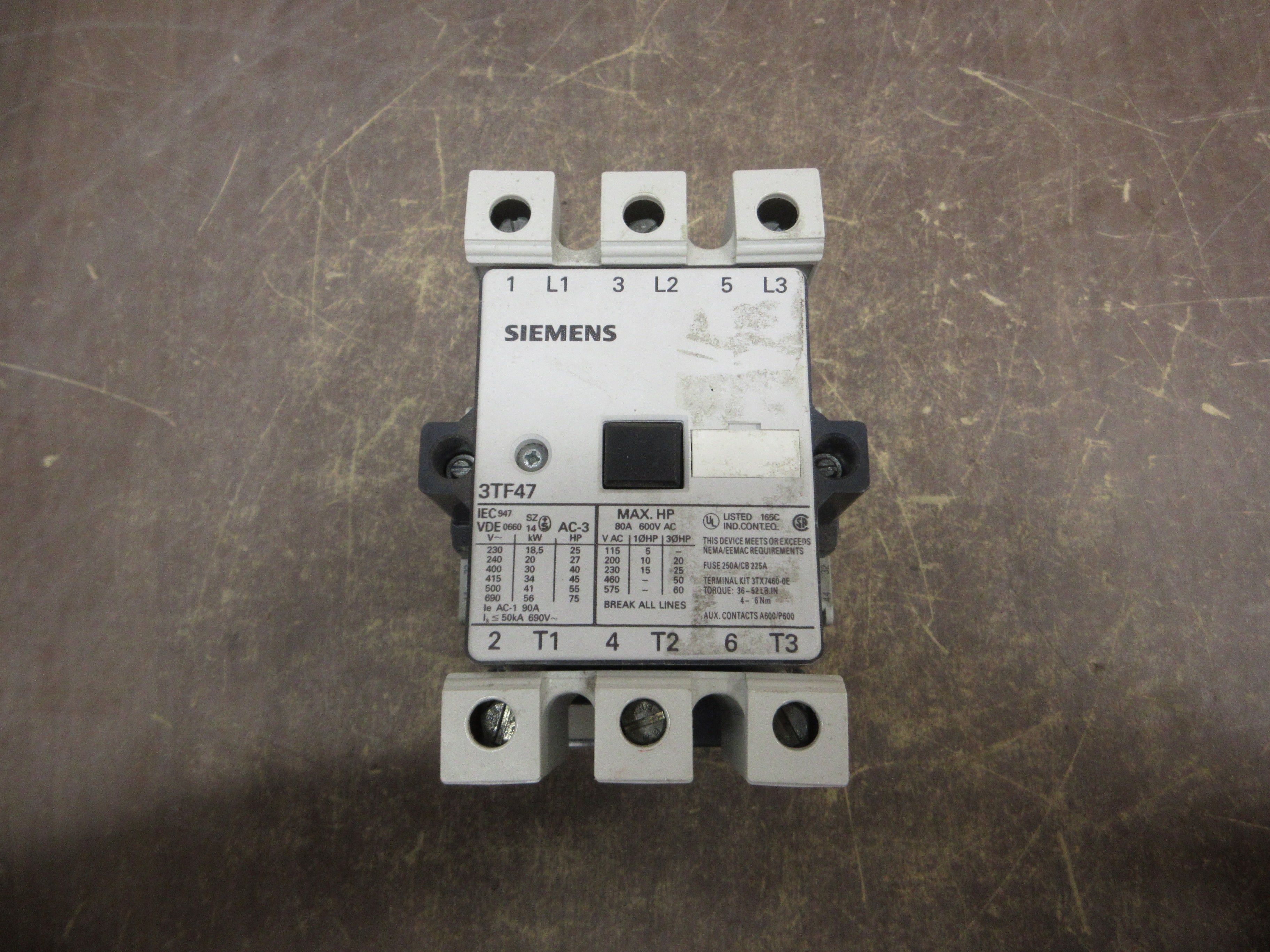 Siemens Contactor 3TF47 120V Coil 80A 600V Used