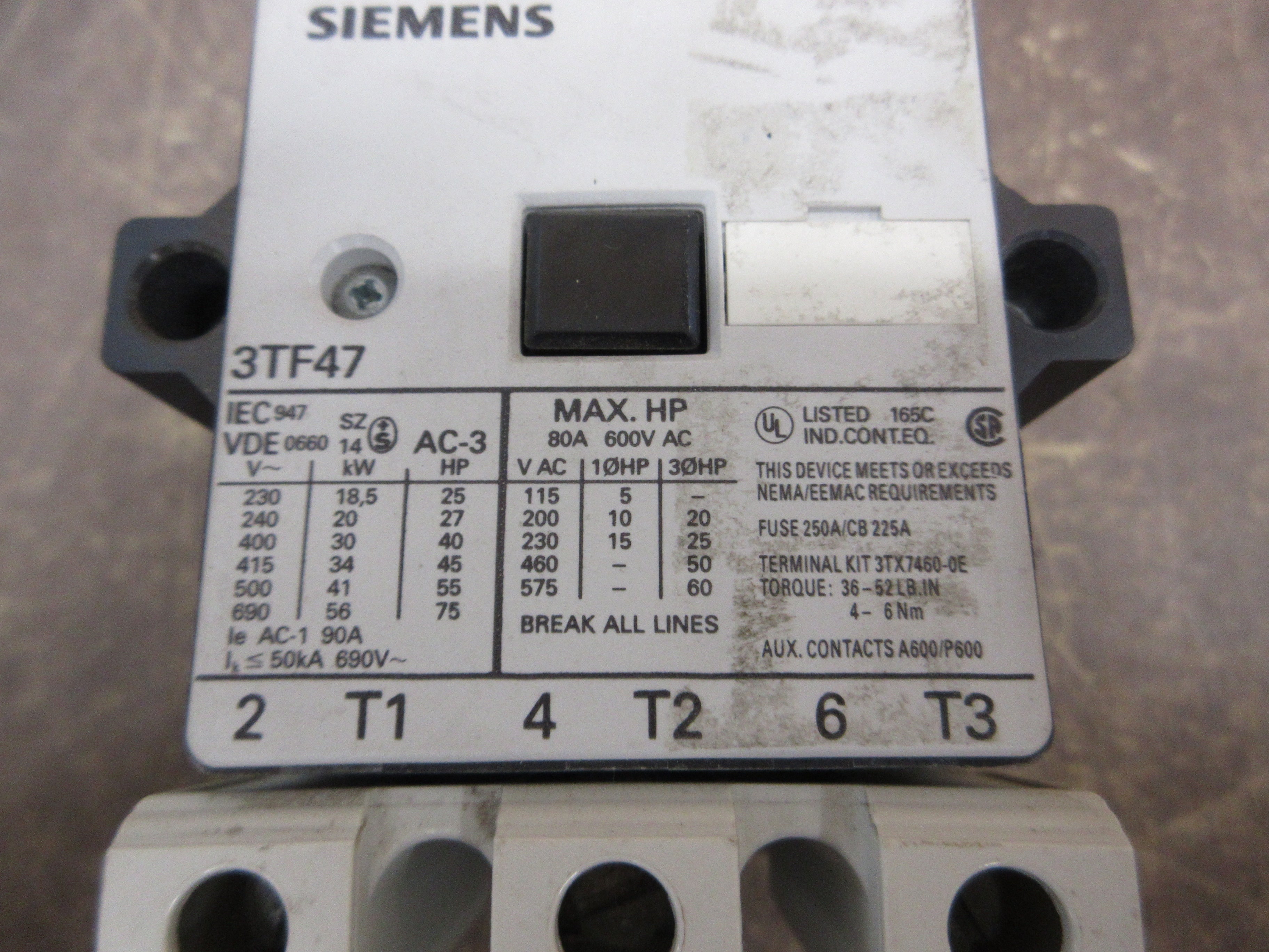Siemens Contactor 3TF47 120V Coil 80A 600V Used