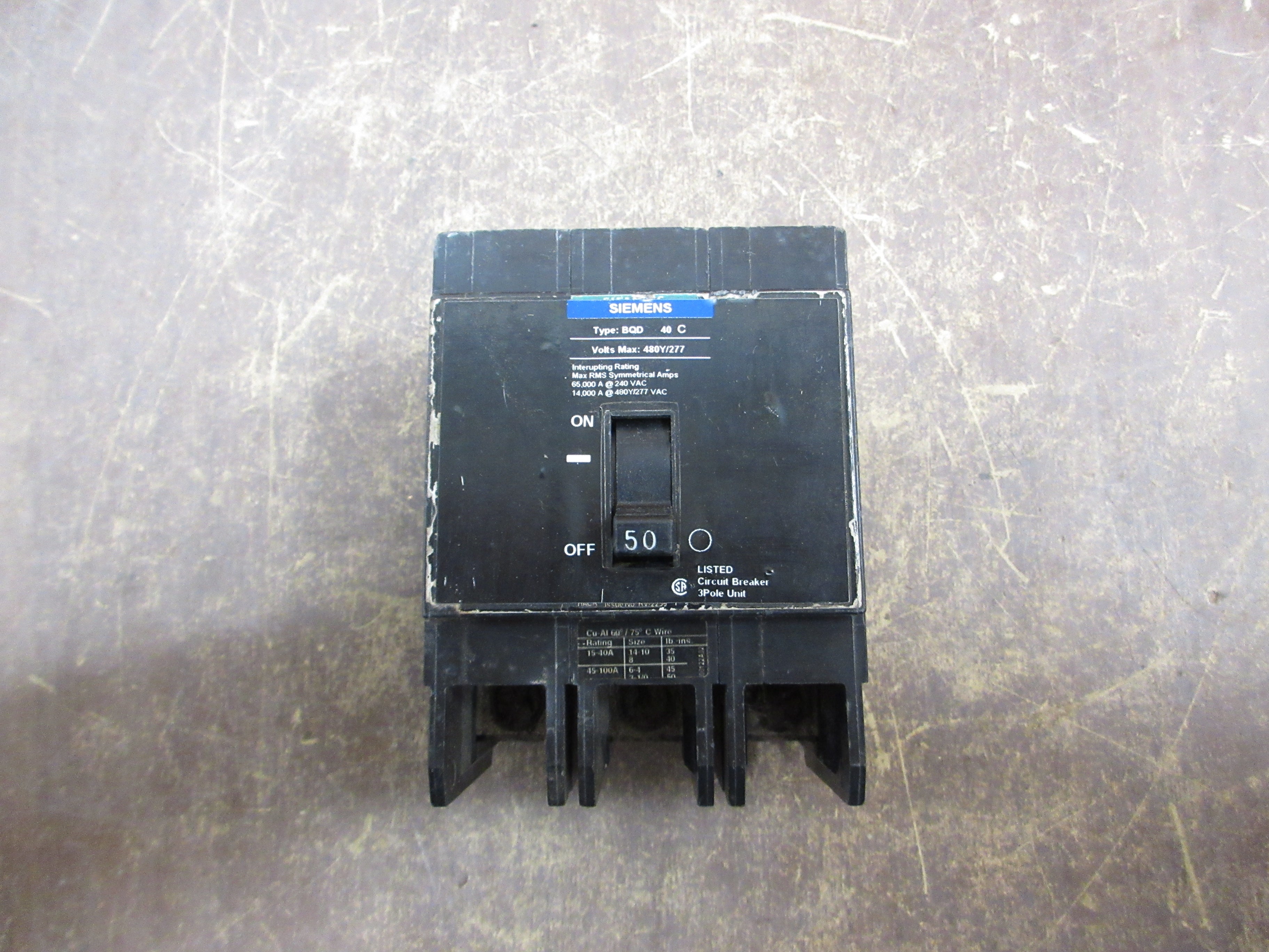Siemens Bolt-On Circuit Breaker BQD350 50A 480Y/277V 3P Used