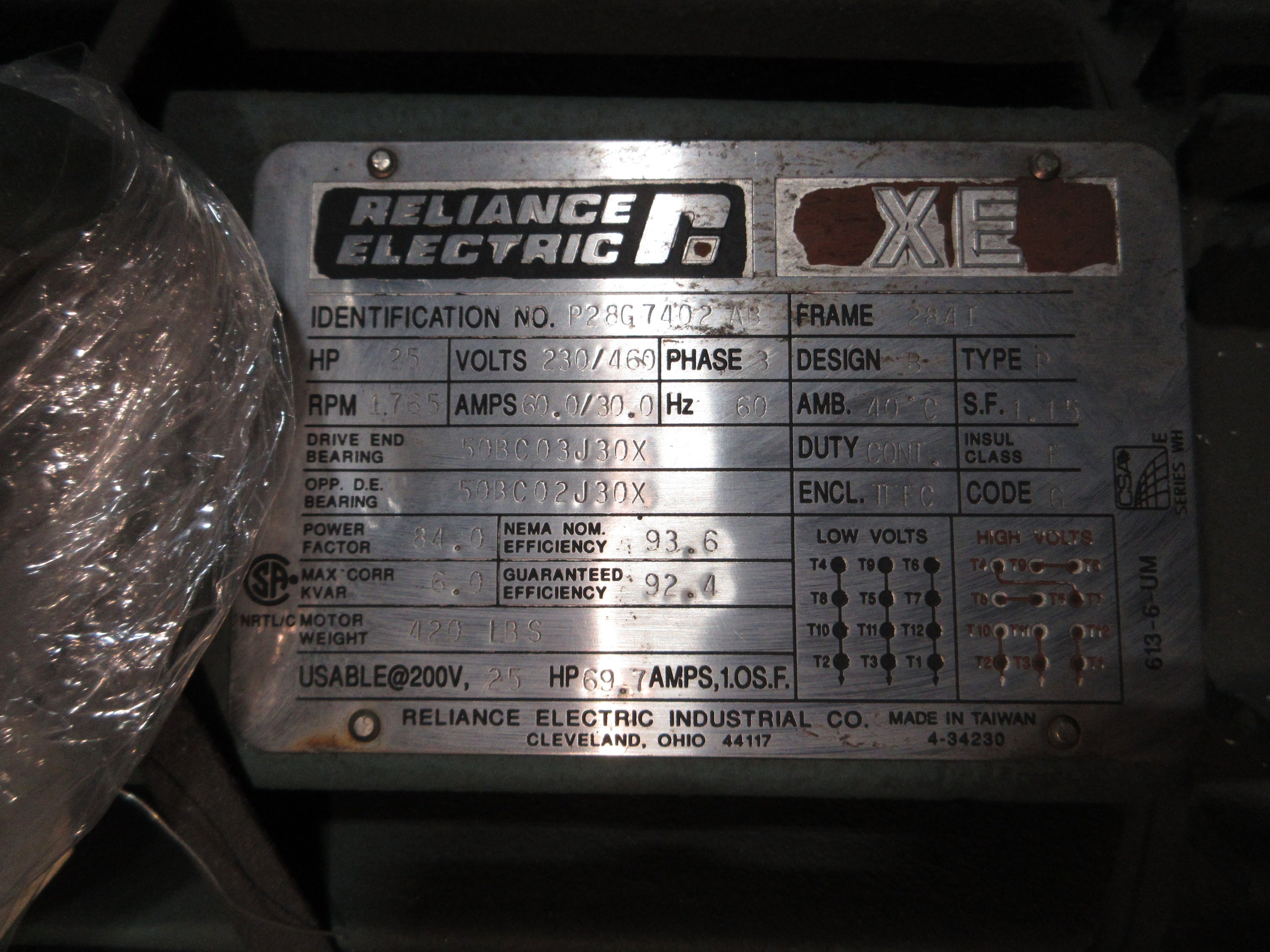Reliance Electric Motor P28G7402AB 25HP 1800RPM 230/460V 60/30A 60Hz 3Ph Used