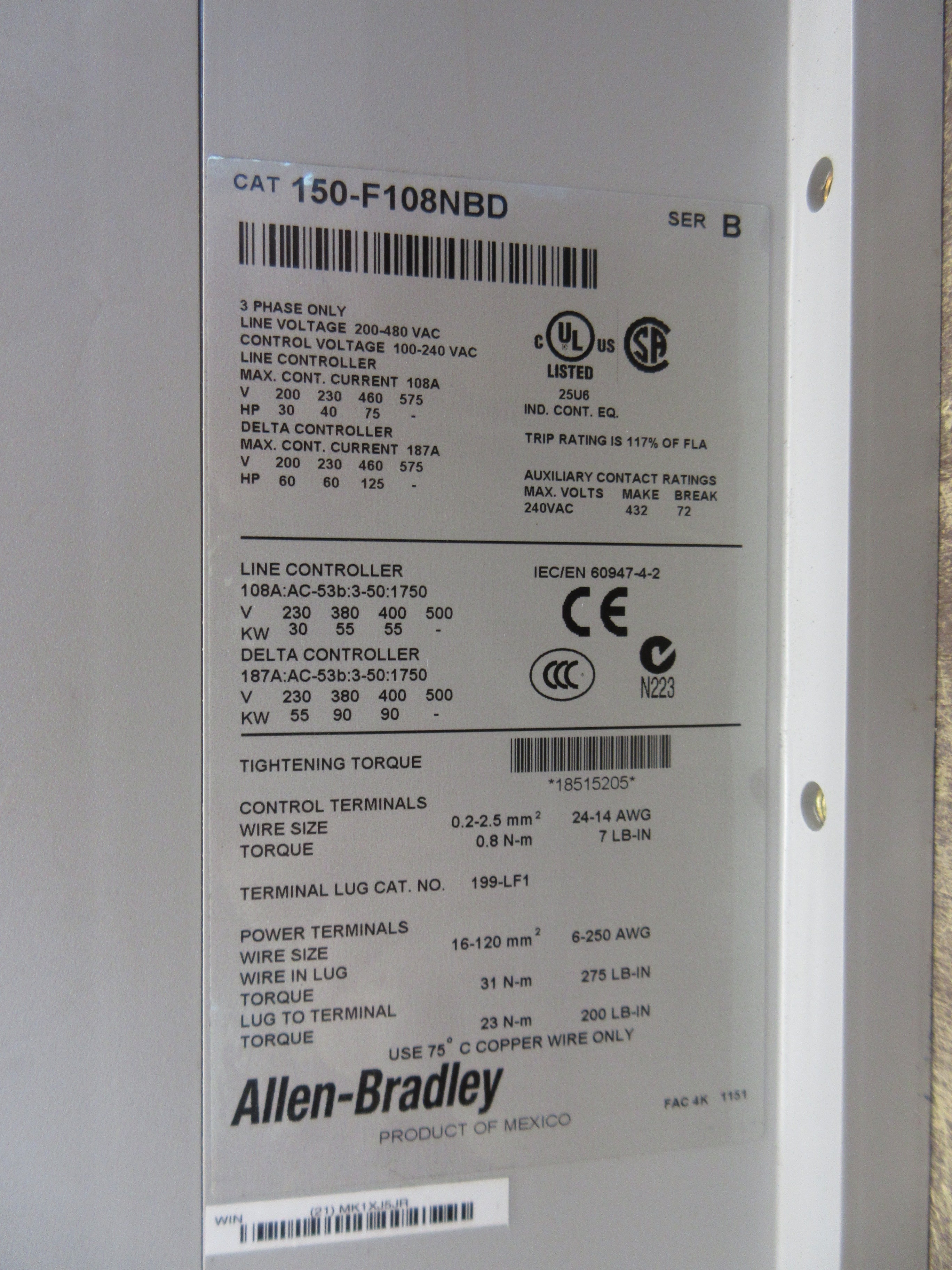 Allen-Bradley SMC-Flex Soft Start 150-F108NBD Ser. B 75HP 200-480V 3Ph Used