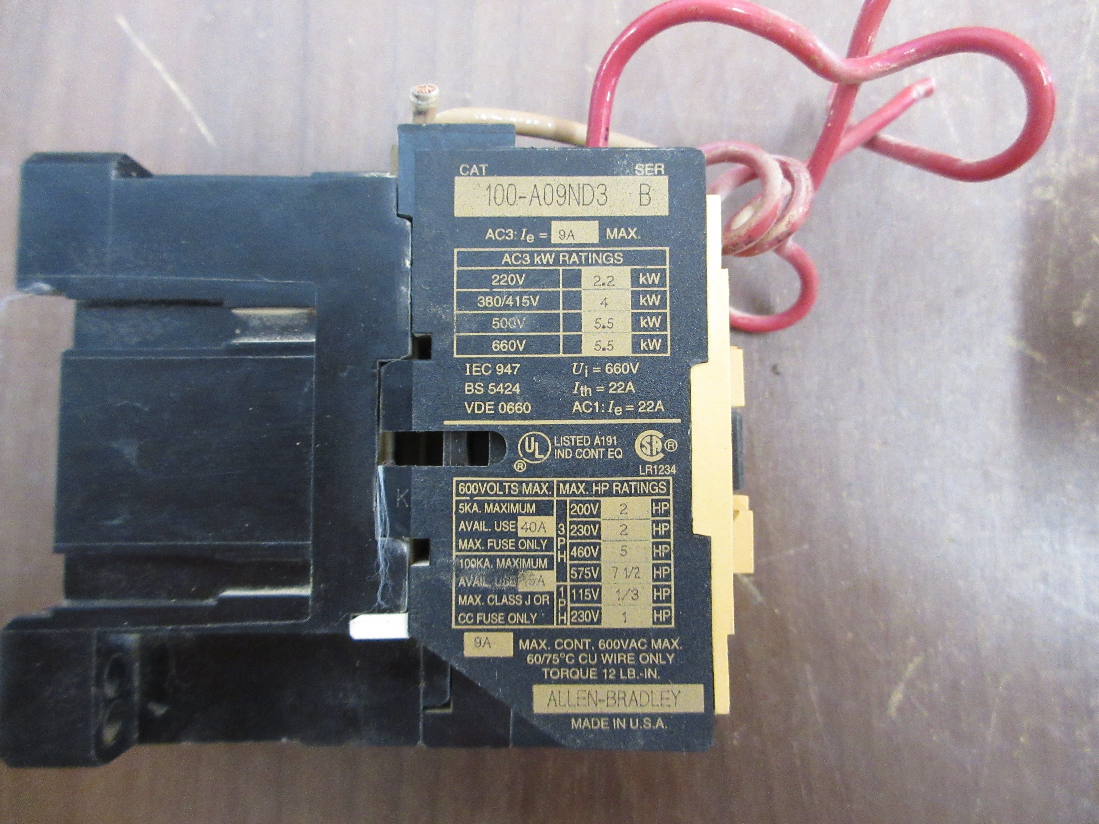Allen-Bradley Contactor 100-A09ND3 Ser. B 120V Coil 9A 600V *Lot of 2* Used