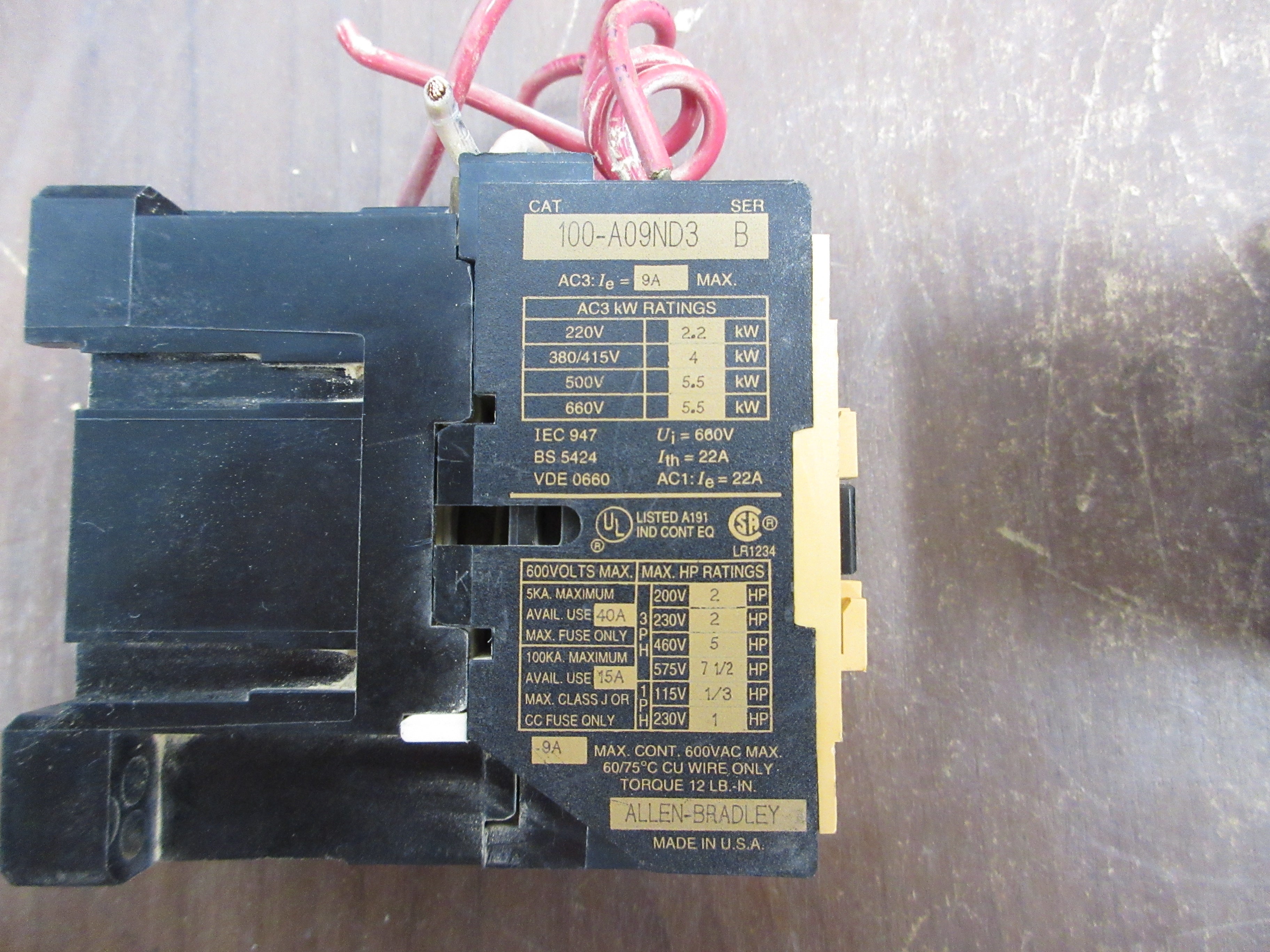 Allen-Bradley Contactor 100-A09ND3 Ser. B 120V Coil 9A 600V *Lot of 2* Used