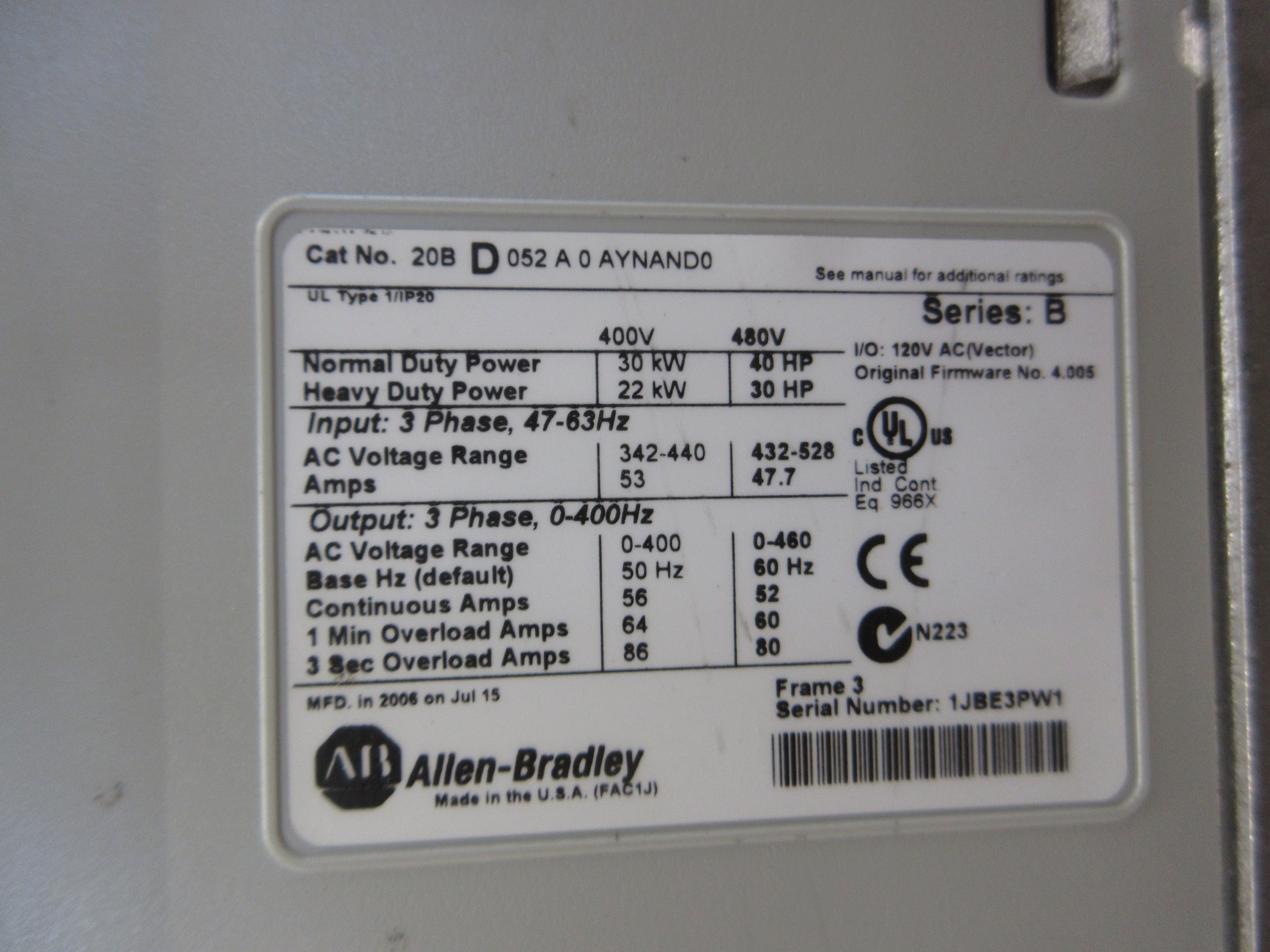Allen-Bradley PowerFlex 700 AC Drive 20BD052A0AYNAND0 Ser. B 40HP 3Ph Used