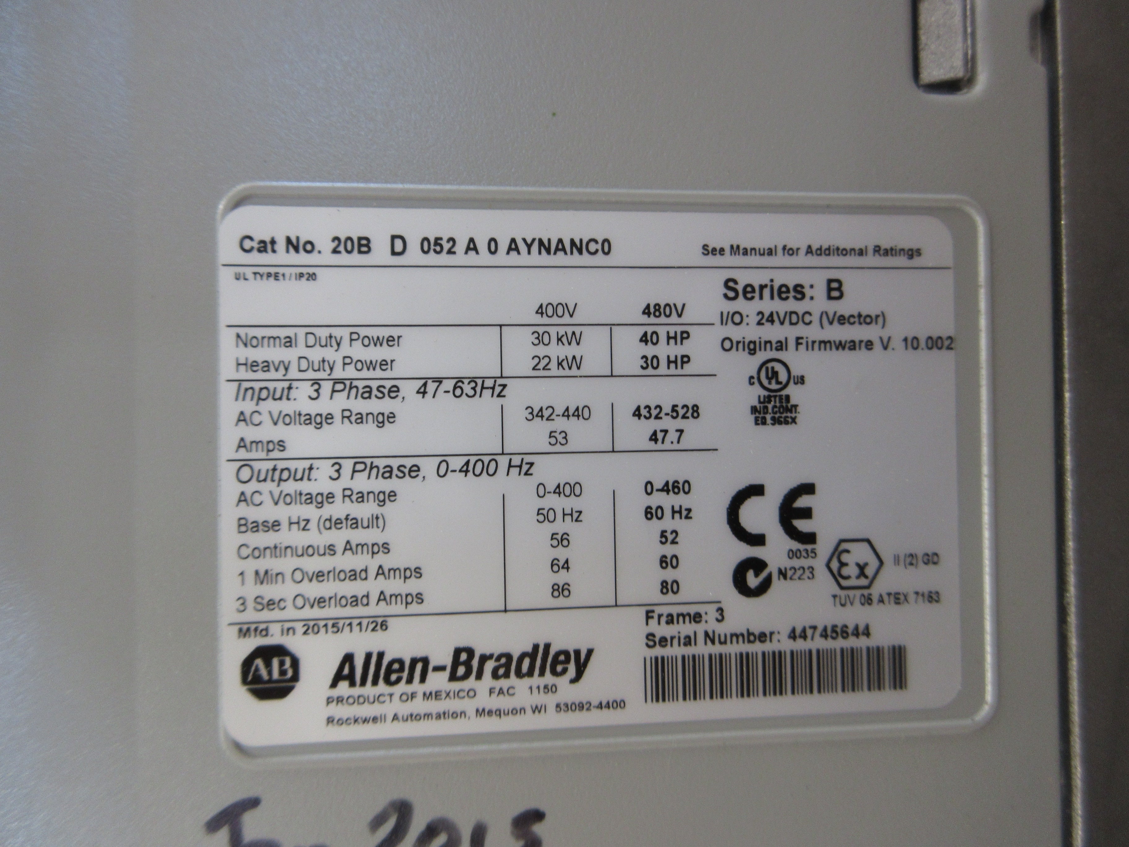 Allen-Bradley PowerFlex 700 AC Drive 20BD052A0AYNANC0 Ser. B 40HP 3Ph Used