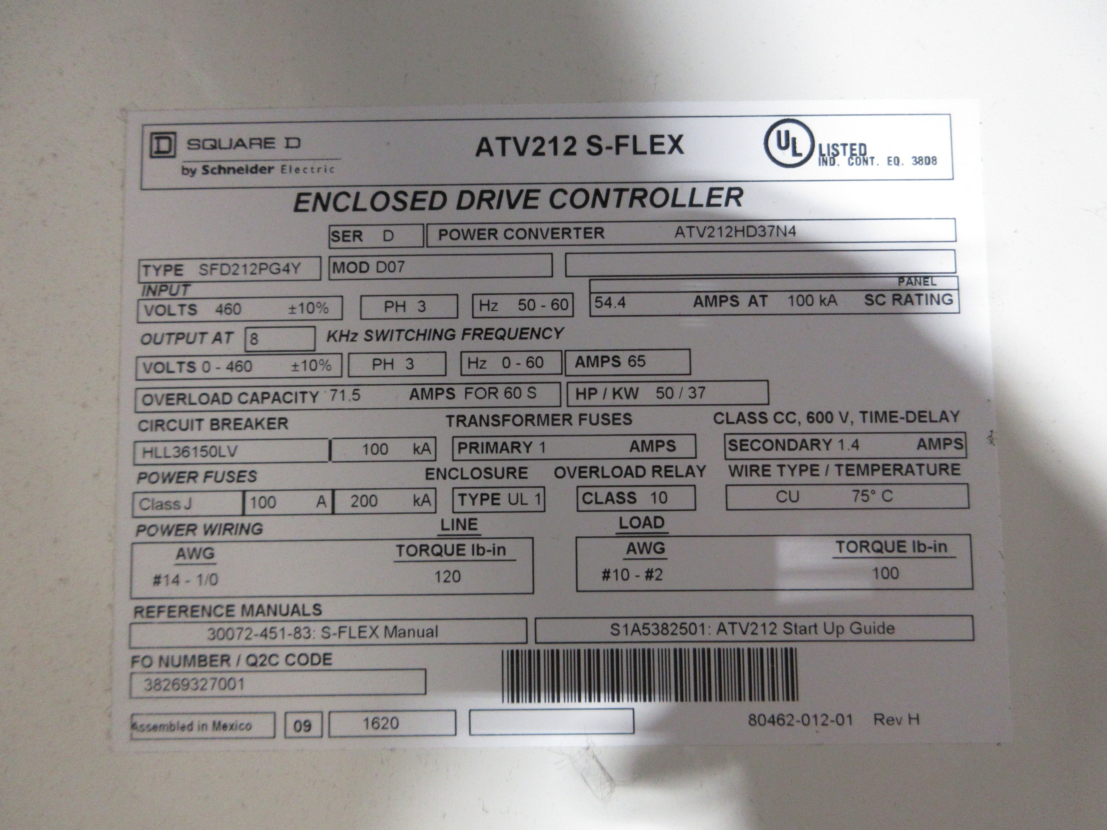 Square D ATV212 S-Flex AC Drive w/ Bypass ATV212HD37N4 Type: SFD212PG4Y Mod: D07