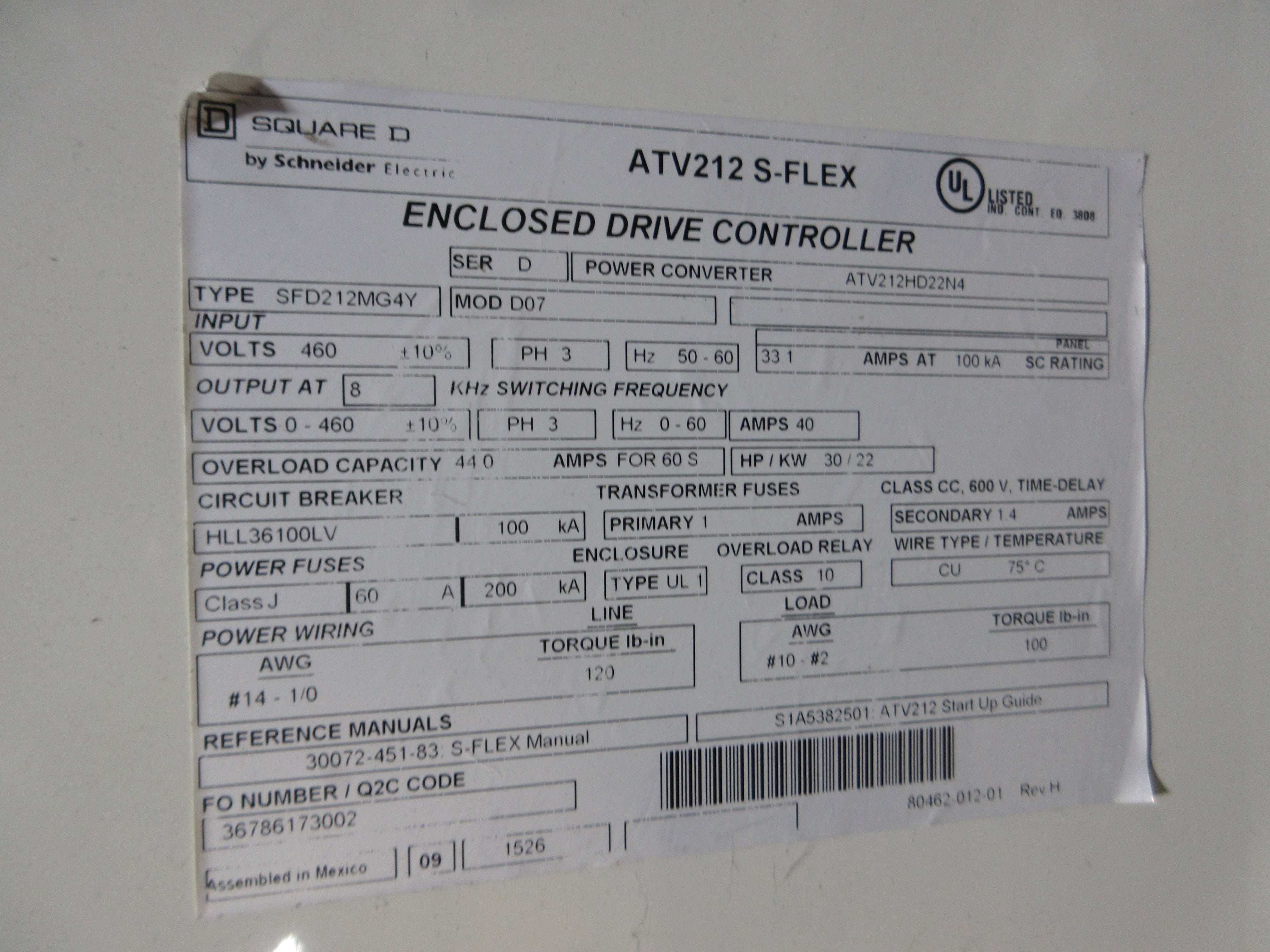 Square D ATV212 S-Flex AC Drive w/ Bypass ATV212HD22N4 Type: SFD212MG4Y Mod: D07