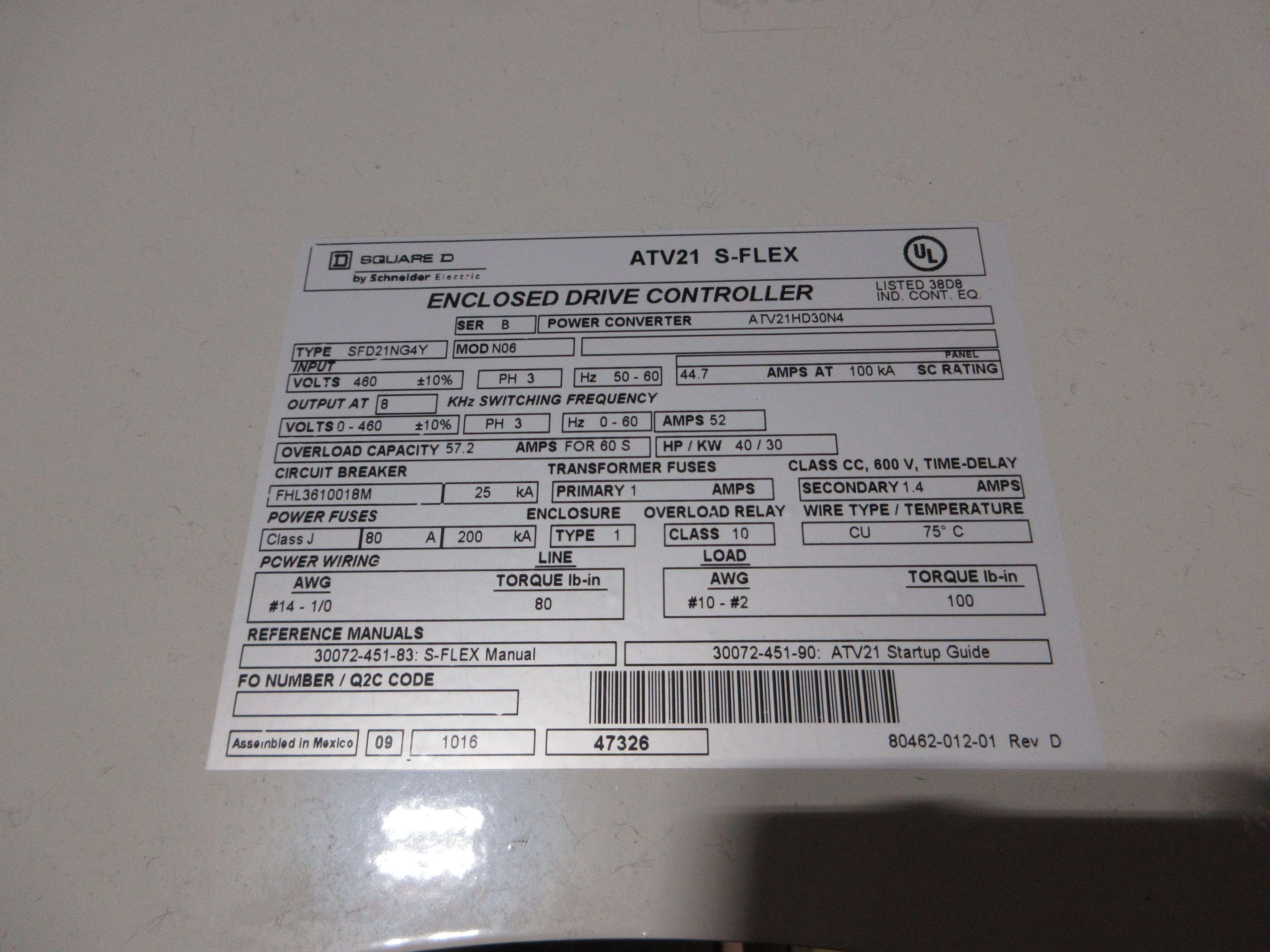 Square D ATV21 S-Flex AC Drive w/ Bypass ATV21HD30N4 Type: SFD21NG4Y Mod: N06