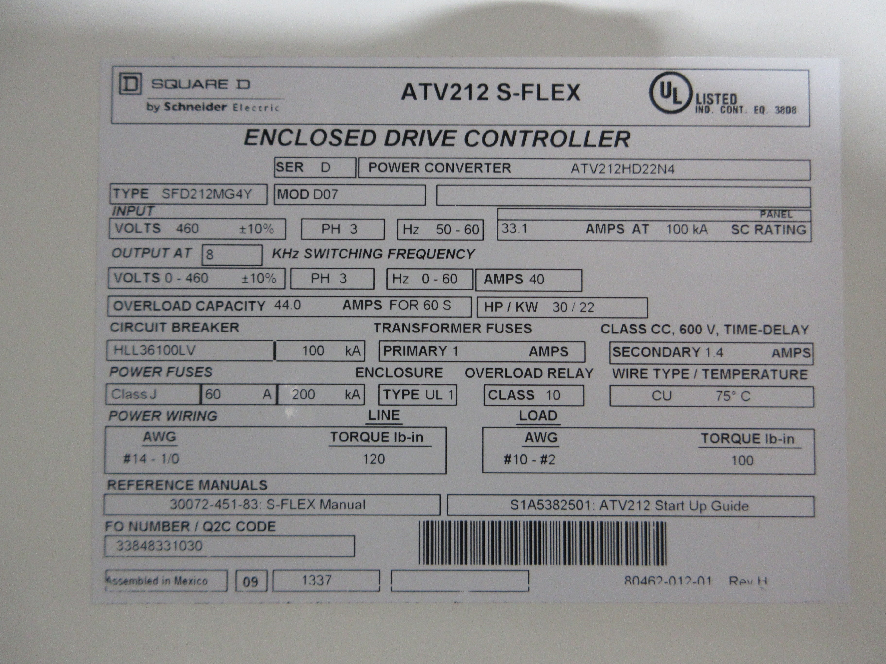 Square D ATV212 S-Flex AC Drive w/ Bypass ATV212HD22N4 Type: SFD212MG4Y Mod: D07