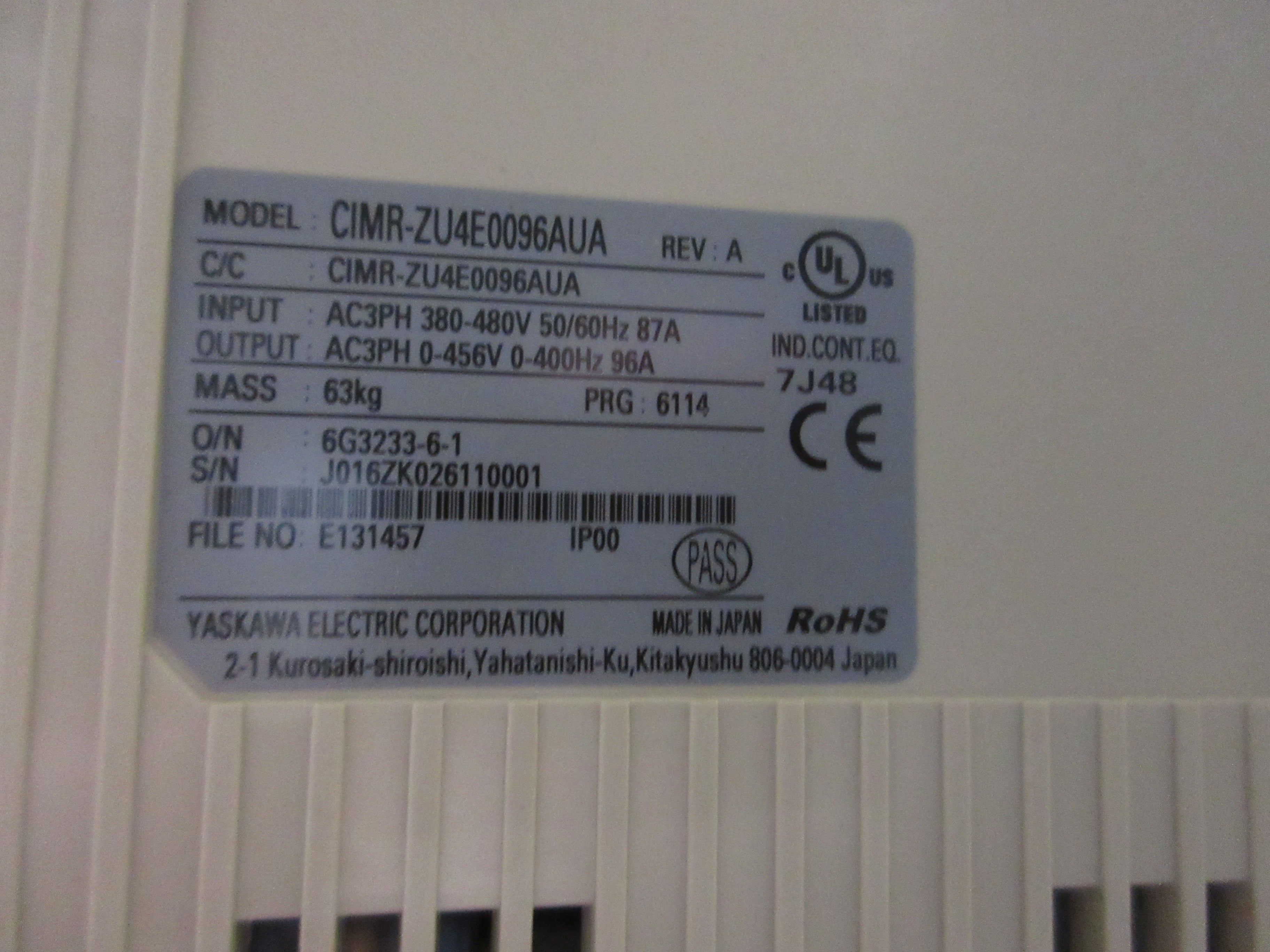 Yaskawa Z1000U Matrix AC Drive CIMR-ZU4E0096AUA Rev. A 75HP 3Ph w/ Keypad Used