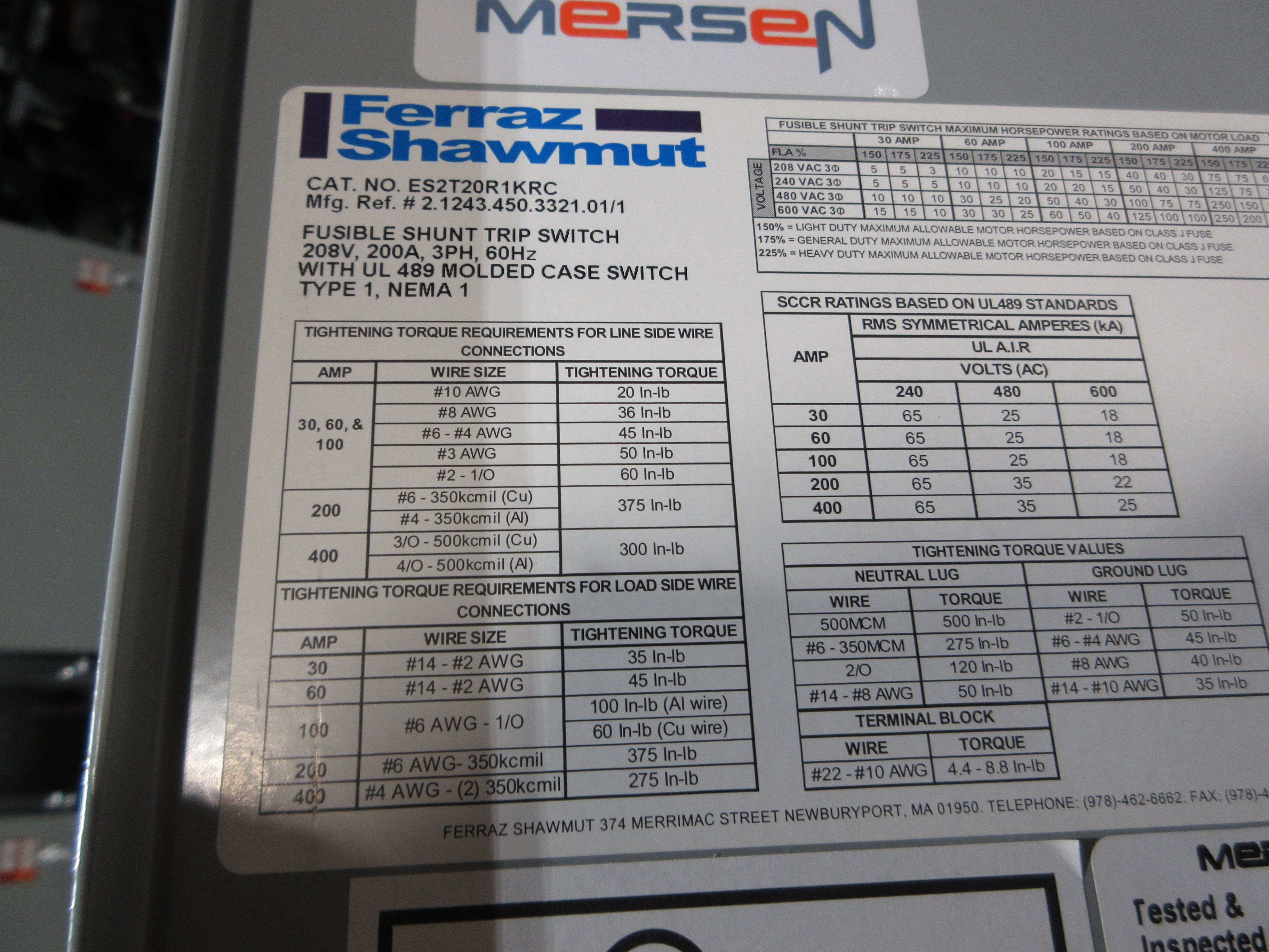 Mersen Fusible Shunt Trip Switch ES2T20R1KRC 200A 208V Nemal Enclosure