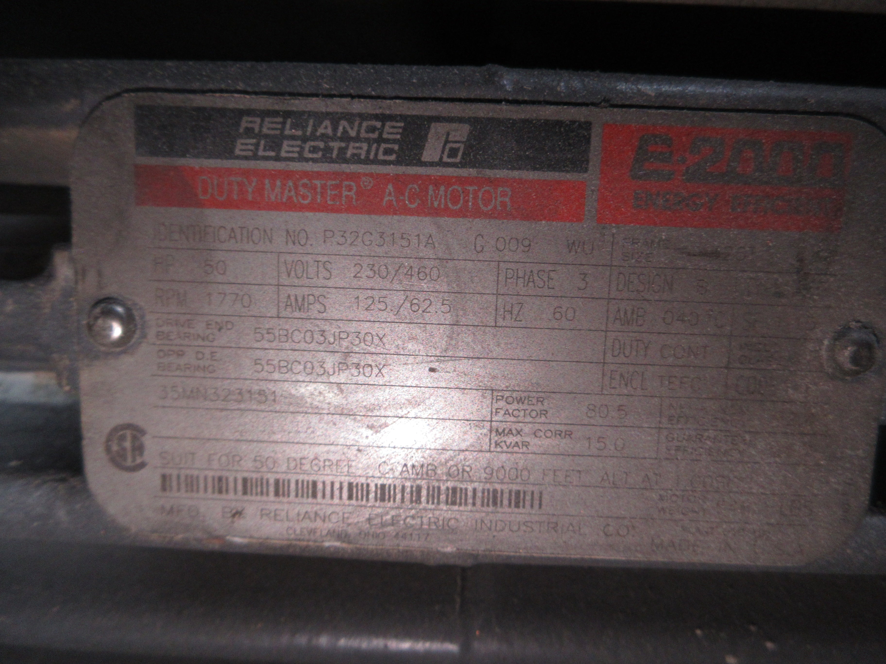 Reliance AC Motor P32G3151A G009 WU 50HP 1800RPM 230/460V 125/62.5A 3Ph 60Hz