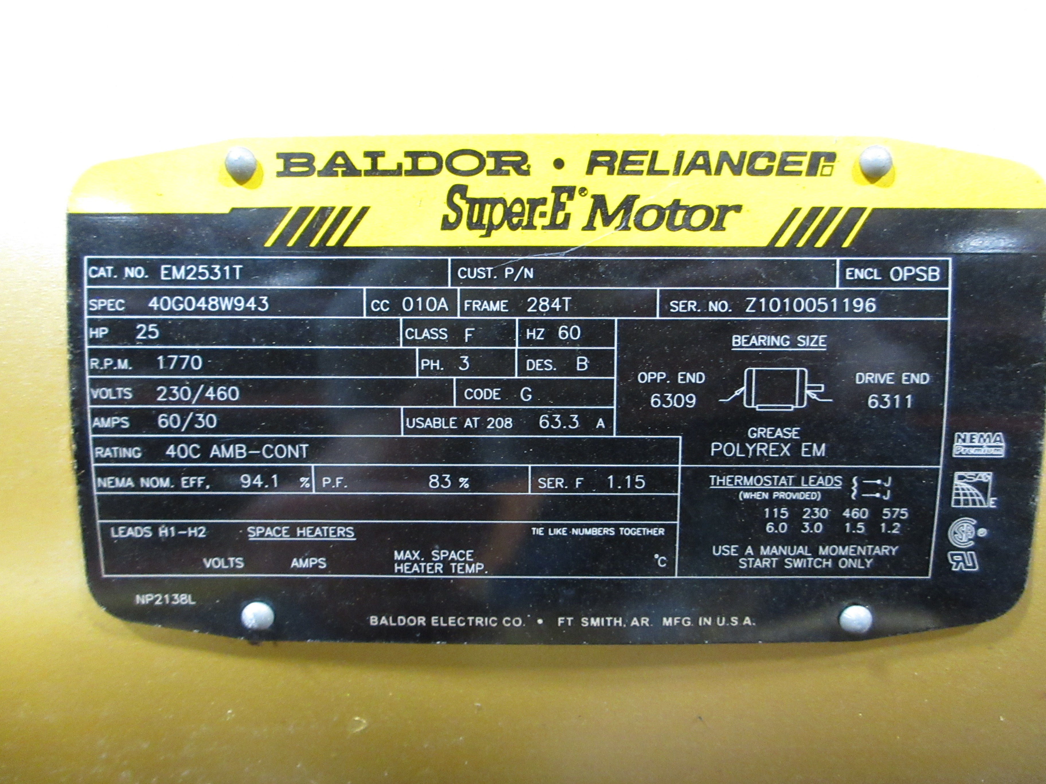 Baldor Motor EM2531T 25HP 1800 RPM 230/460V 60/30A 60Hz 3Ph Used