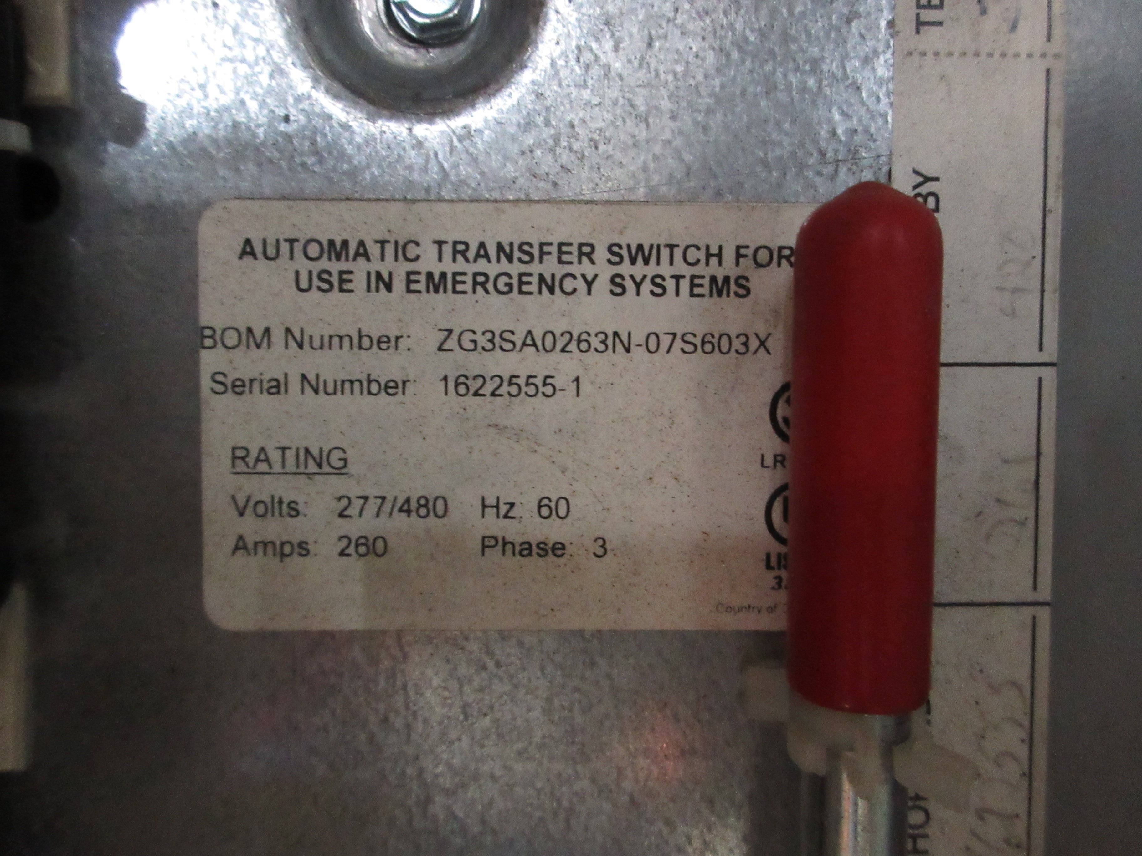 GE Zenith Automatic Transfer Switch ZG3SA0263N-07S603X 260A 277/480V 60Hz 3Ph