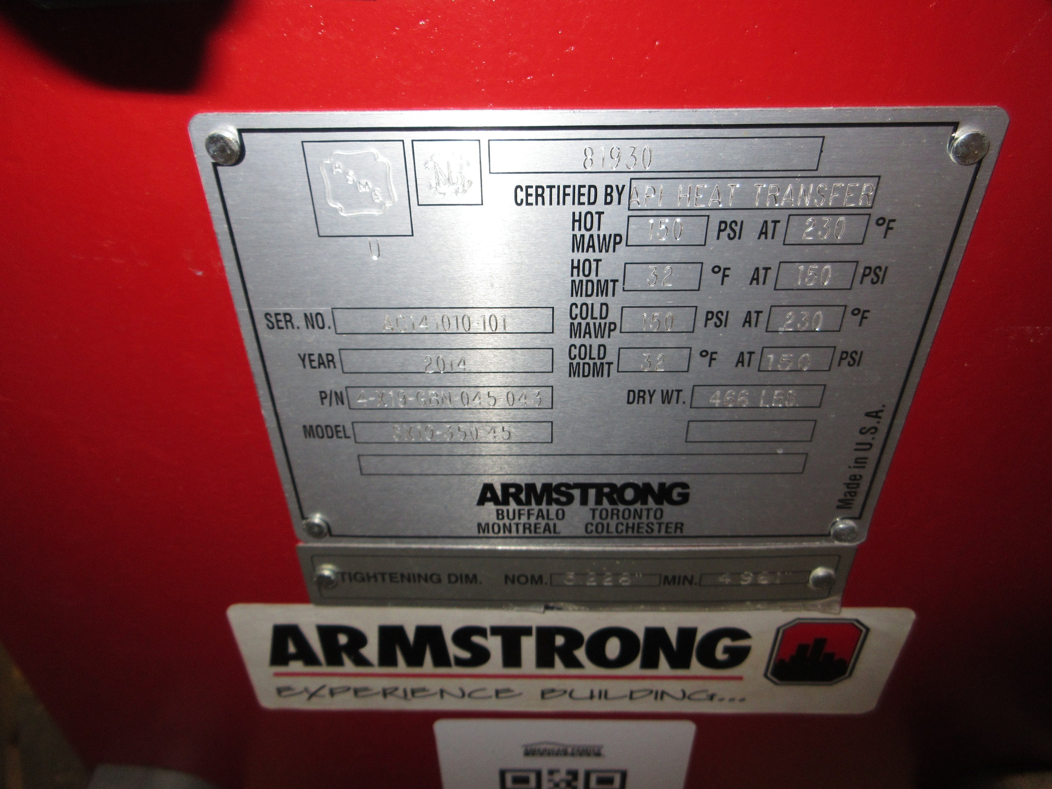 Armstrong Plate Heat Exchanger 4-X19-GBN-045-043 Model #: SX19-350-45 250GPM