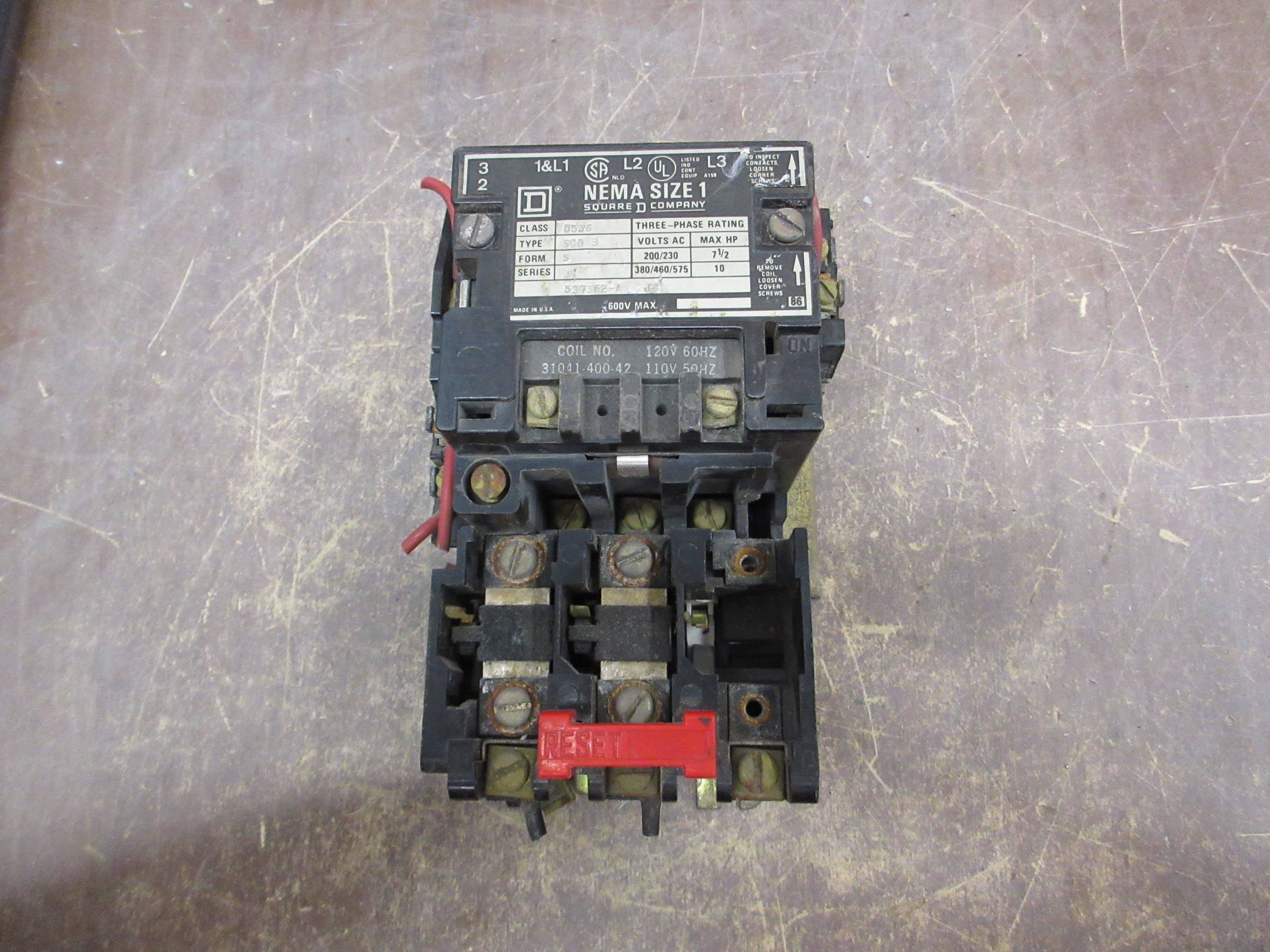 Square D Size 1 Starter 8536 SC0 3 120V Coil (2) Aux Contacts Used