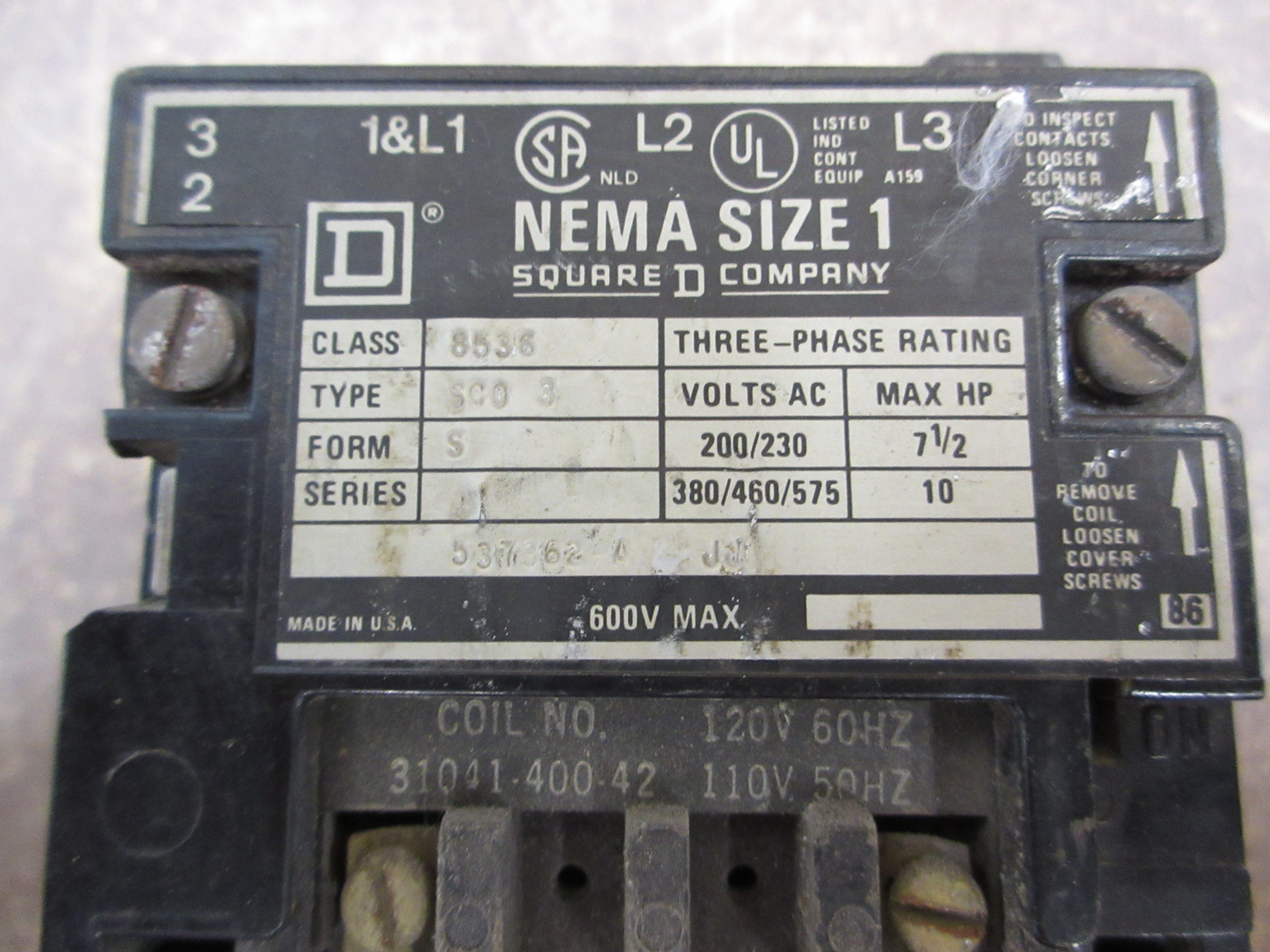Square D Size 1 Starter 8536 SC0 3 120V Coil (2) Aux Contacts Used