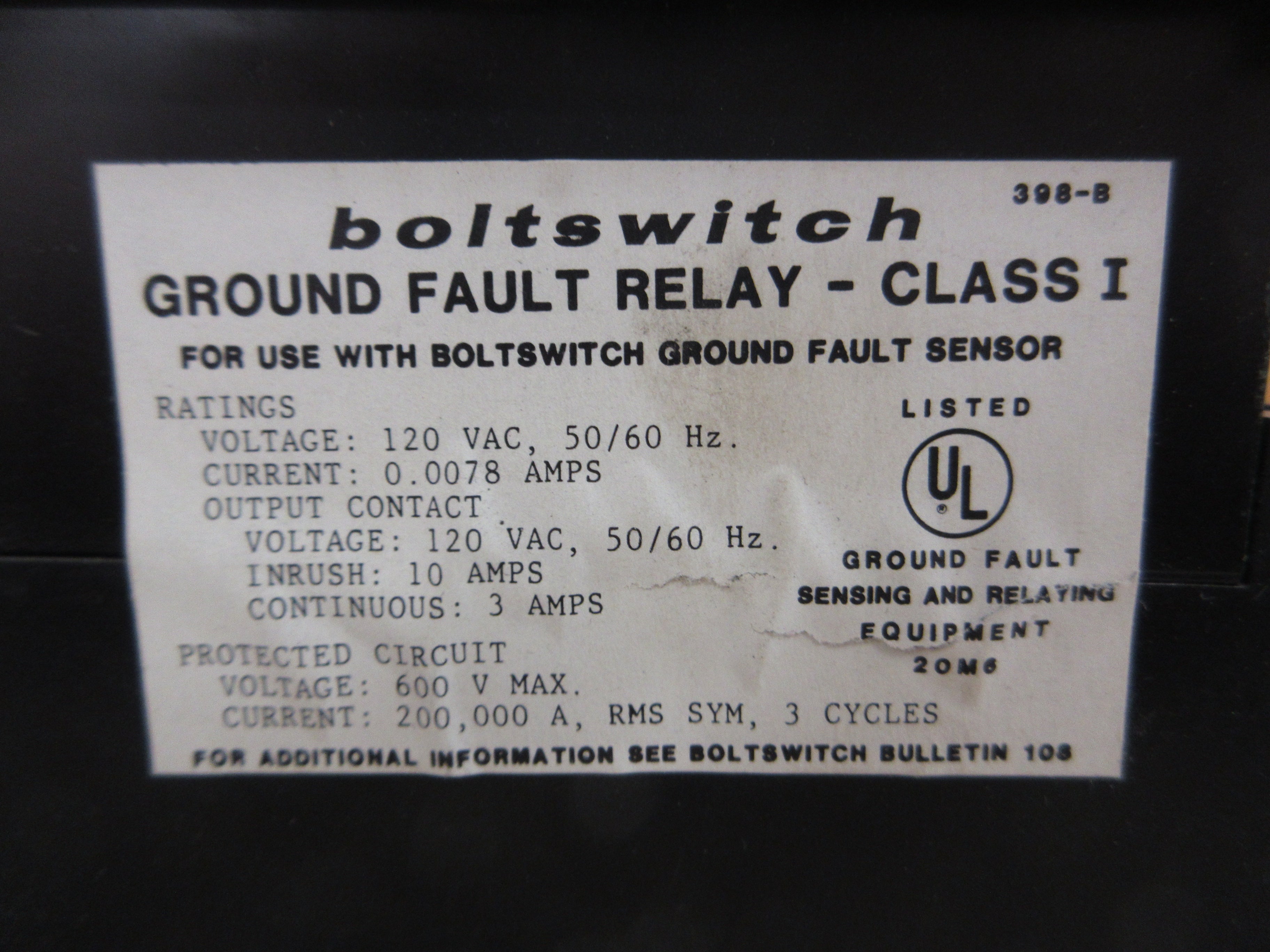Boltswitch Ground Fault Relay GFR-1 Pick-Up: 100-1200A Delay: 0-0.9 Sec Used
