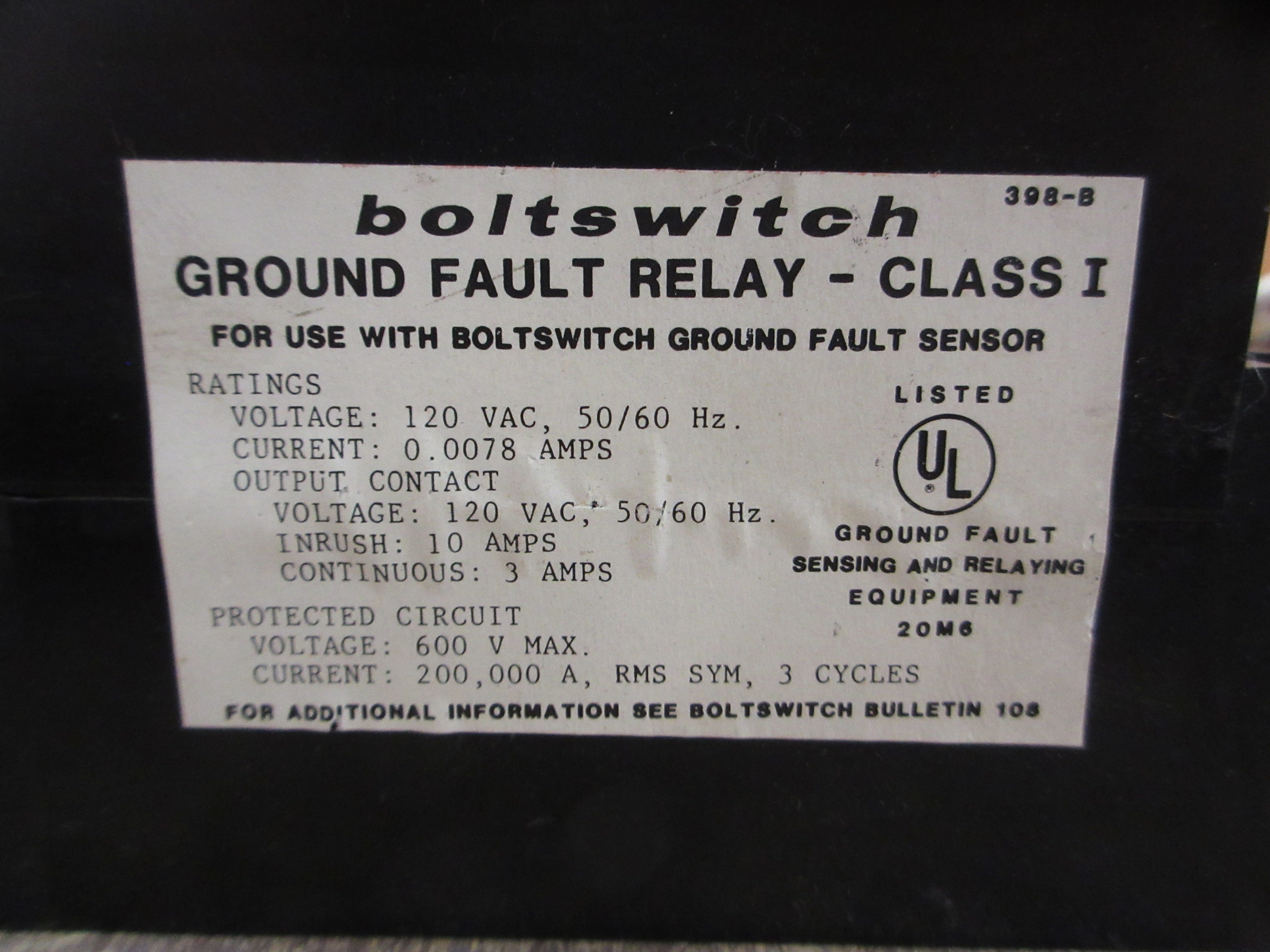 Boltswitch Ground Fault Relay GFR-1 Pick-Up: 100-1200A *Cracked Cover* Used