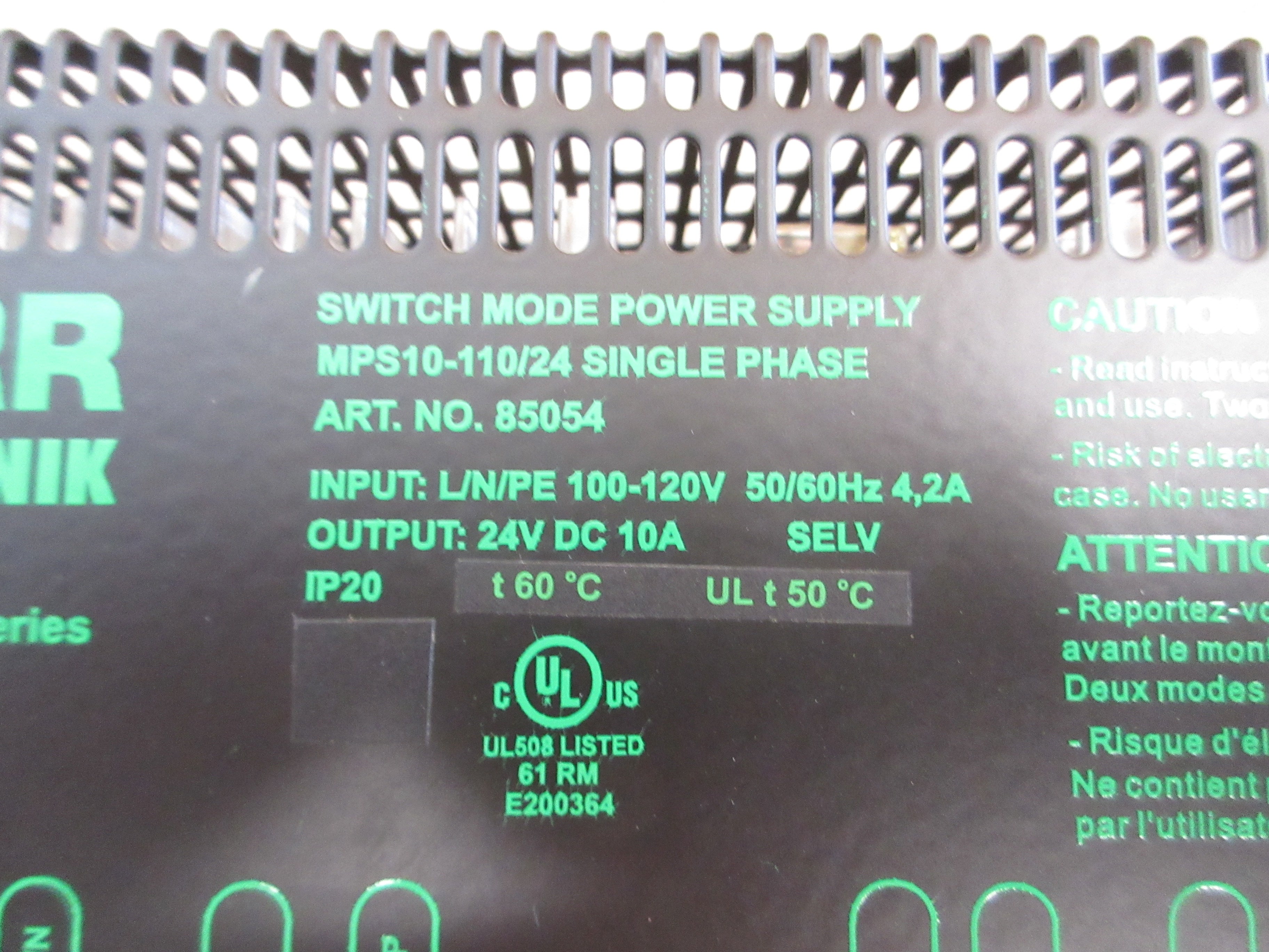 Murr Elektronik Power+Series Switch Mode Power Supply 85054 MPS10-110/24 1Ph