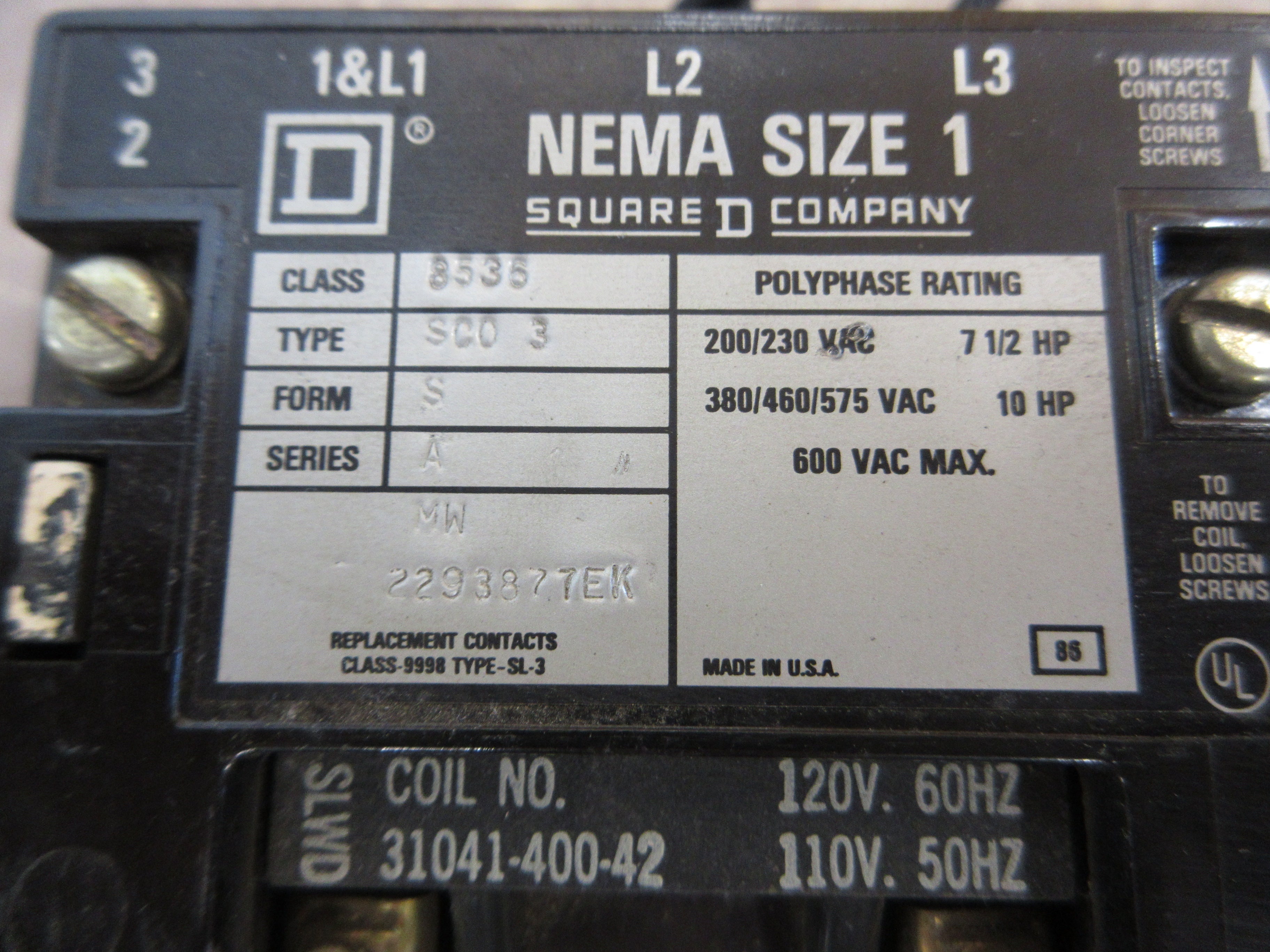 Square D Size 1 Starter 8536 SC0 3 Ser. A 120V Coil Used
