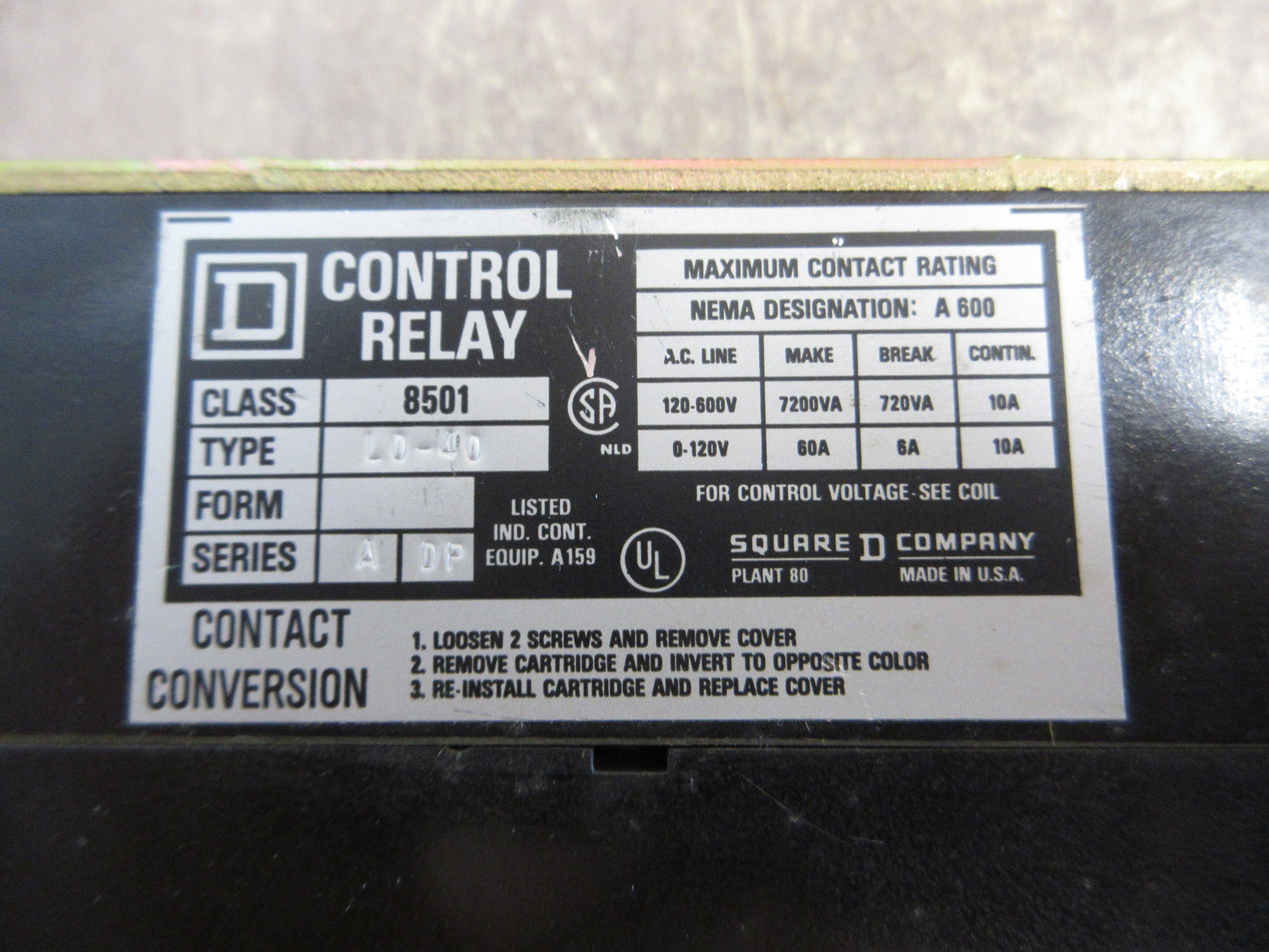 Square D Control Relay 8501 L0-40 Ser. A 120V Coil 8P 10A 600V Used