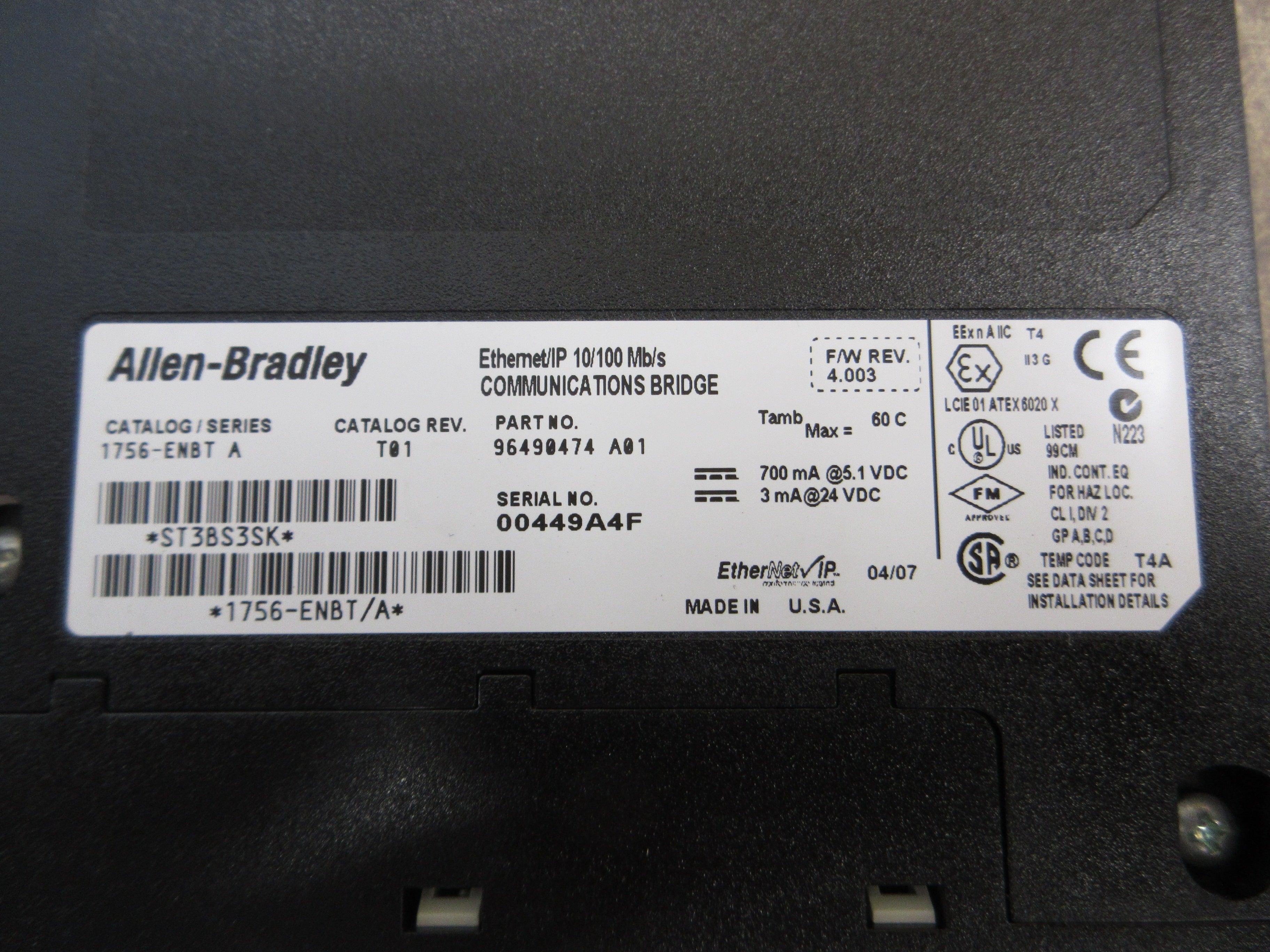 Allen-Bradley Ethernet/IP Comm. Bridge Module 1756-ENBT Ser. A F/W Rev: 4.003