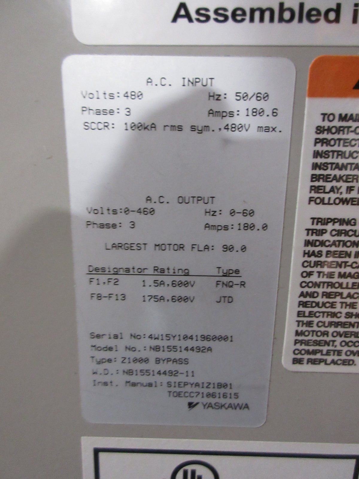 Yaskawa Z1000 AC Drive w/ Bypass NB15514492A 150HP 3Ph w/ Keypad Used