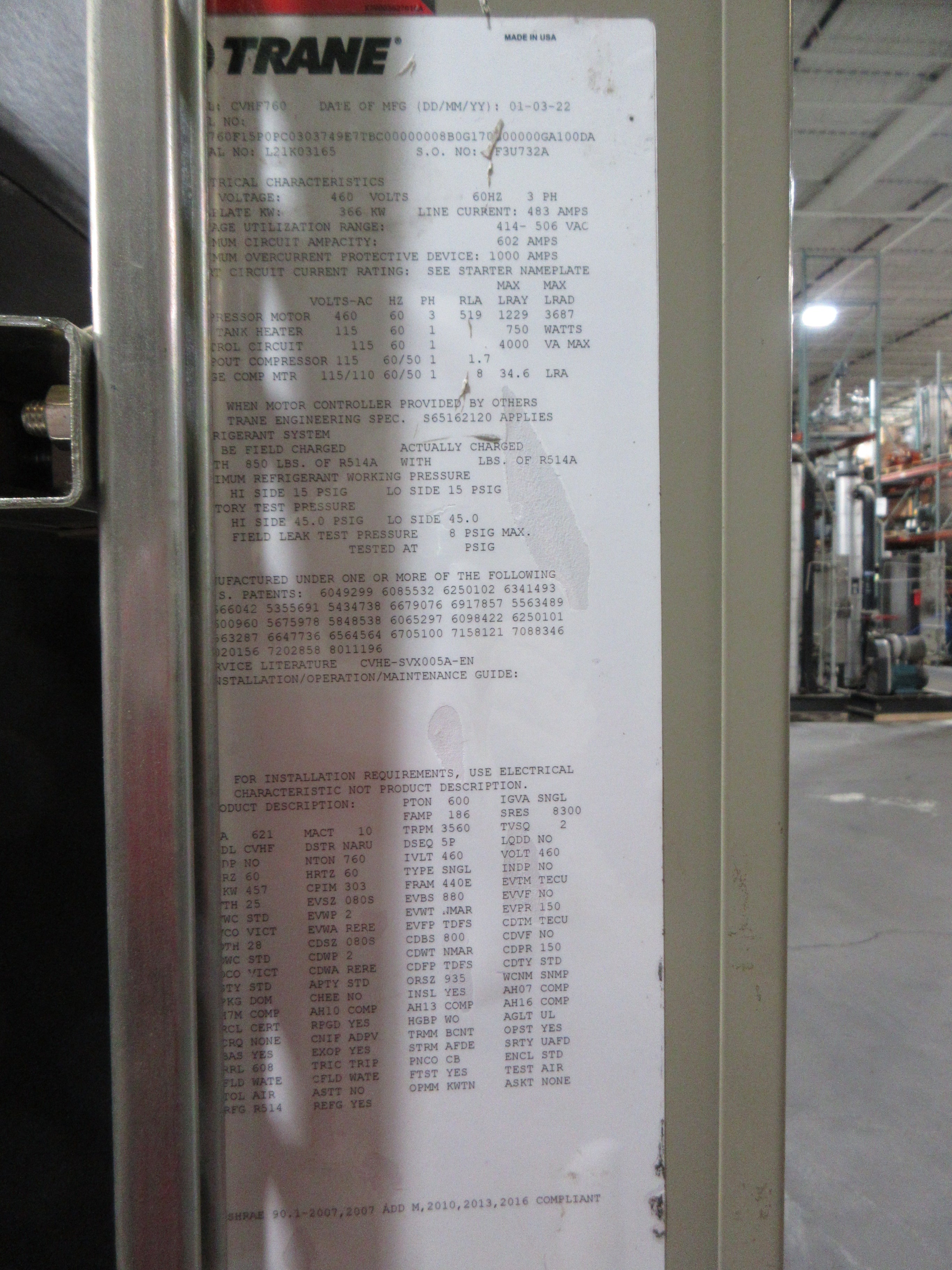 Trane CVHF760 Water Cooled Chiller CVHF760F15P0PC0303 760 ton 460V New Take Out