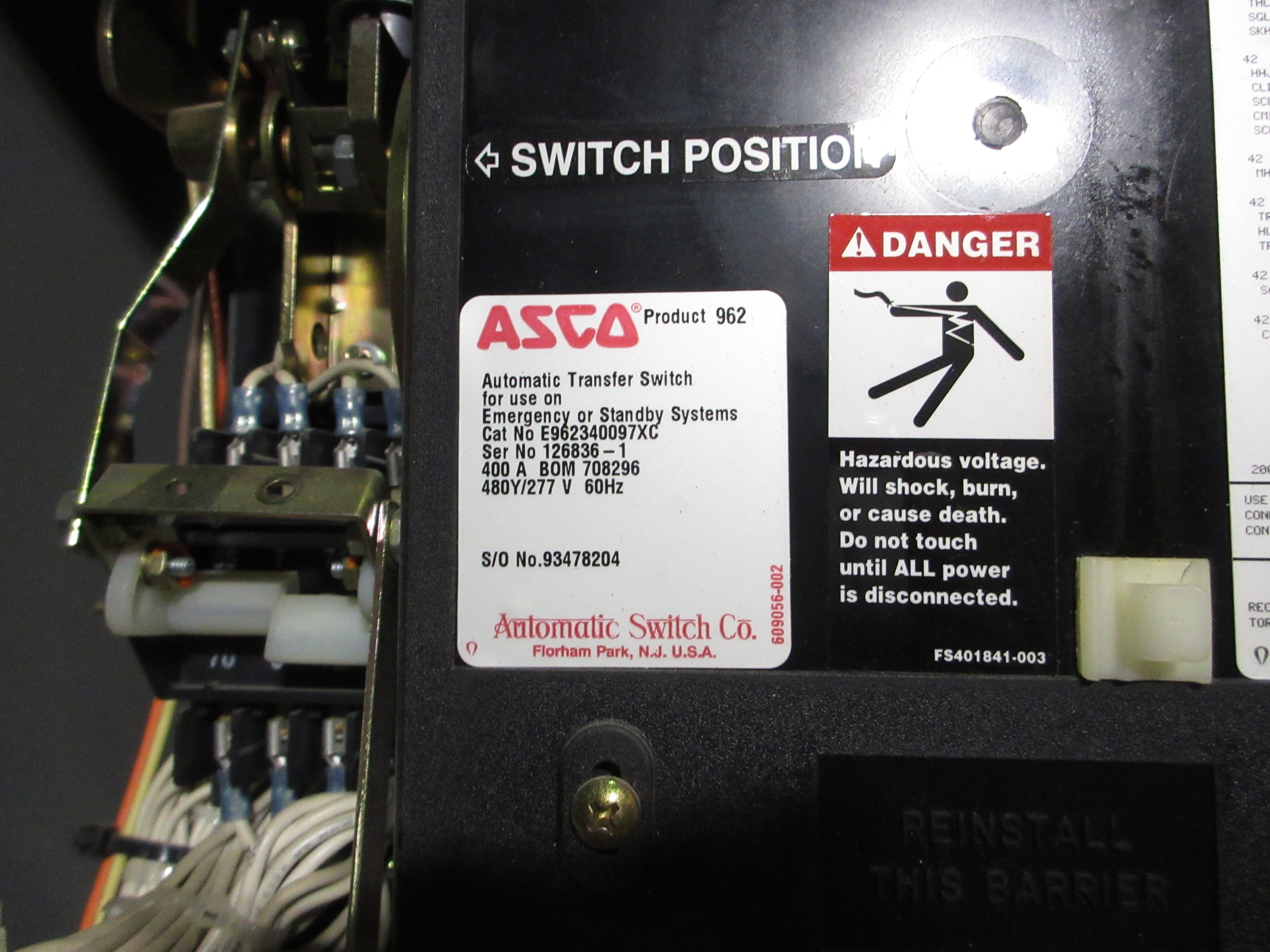 Asco 962 Series Automatic Transfer Switch w/ Bypass E962340097XC 400A 480Y/277V