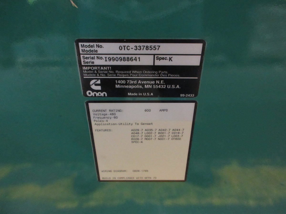 Onan Automatic Transfer Switch OTC-3378557 600A 480V 60Hz 4P Used