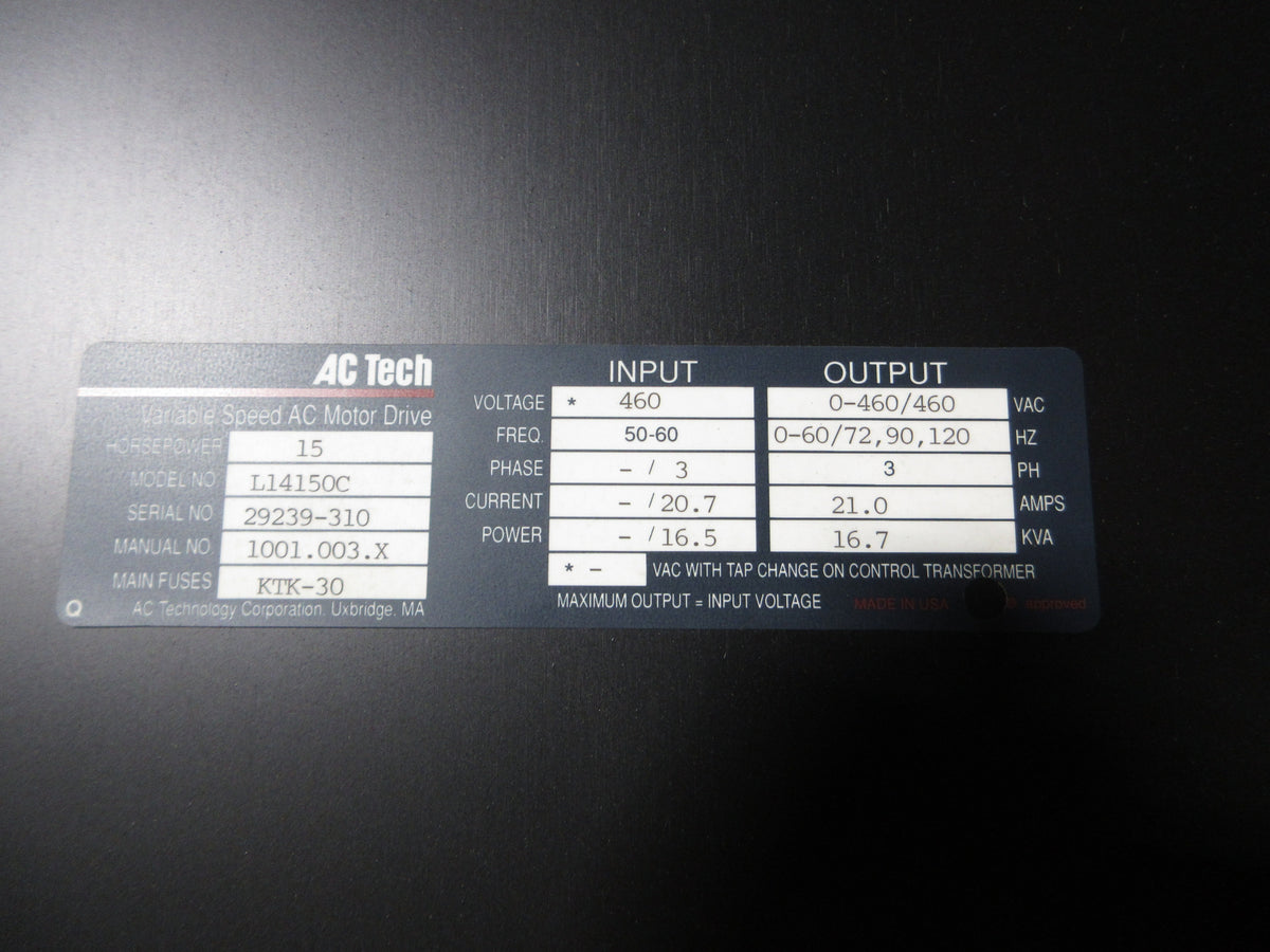 AC Tech AC Drive L14150C 15HP 3Ph *Broken Switch* Used