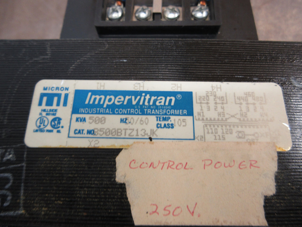 Micron Impervitran Control Transformer B500BTZ13JK 0.500kVA Pri: 240/480V Used