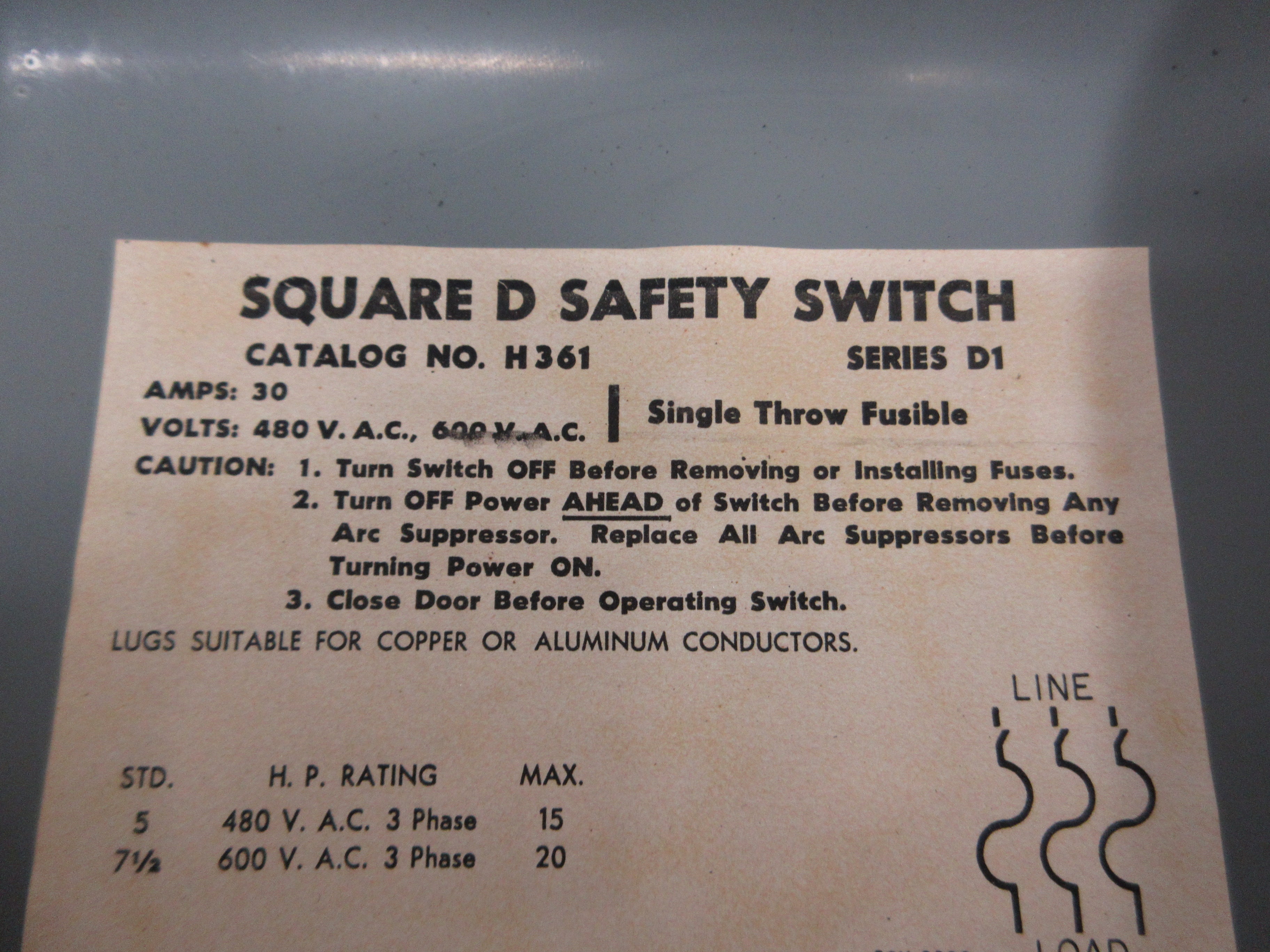 Square D Fusible Safety Switch / Disconnect H361 Ser. D1 30A 600V 3P Used