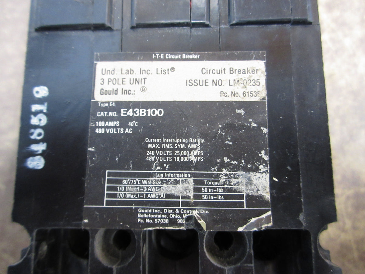 Gould ITE Circuit Breaker E43B100 100A 480V 3P Used