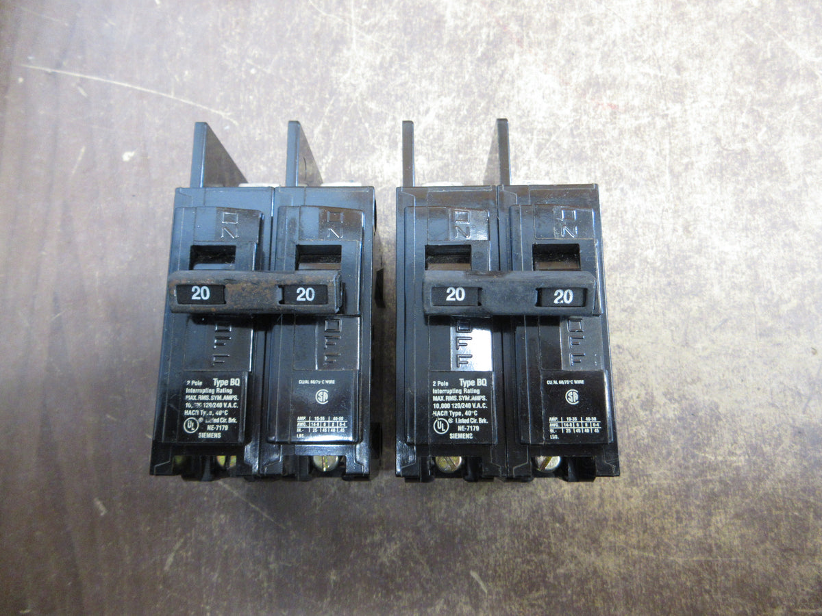 Siemens Type BQ Bolt-On Circuit Breaker BQ2B020 20A 120/240V 2P *Lot of 2* Used