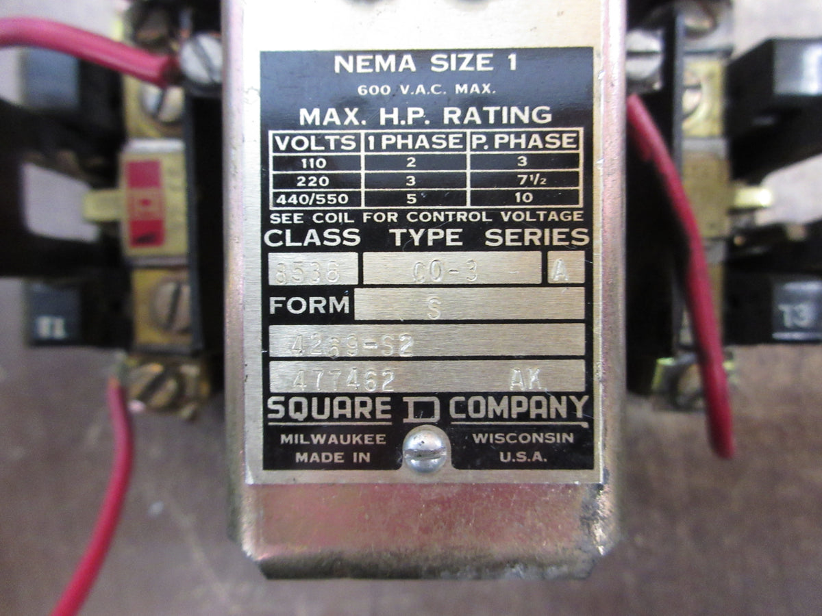 Square D Size1 Starter 8536 CO-3 S Ser. A 120V Coil 600V Used
