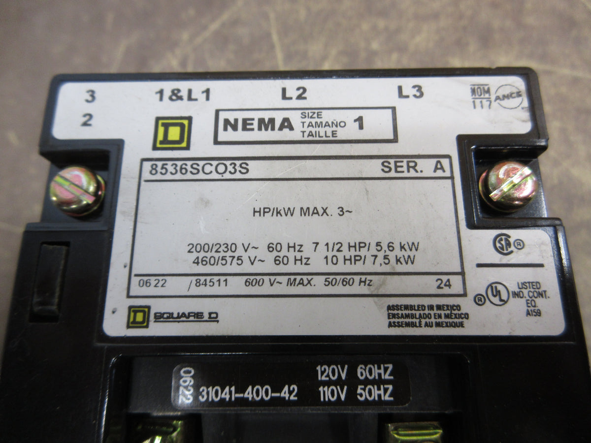 Square D Size 1 Starter 8536SCO3S Ser. A 120V Coil 600V Used