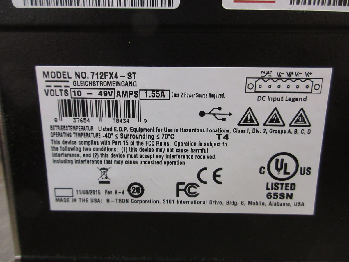 N-Tron Industrial Ethernet Switch 712FX4-ST 12-Port / (4) FX 10-49VDC Used