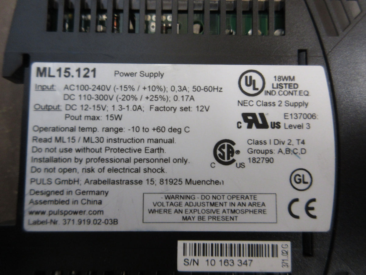 Puls MiniLine Power Supply ML15.121 15W Output: 12-15VDC 1.3-1.0A Used