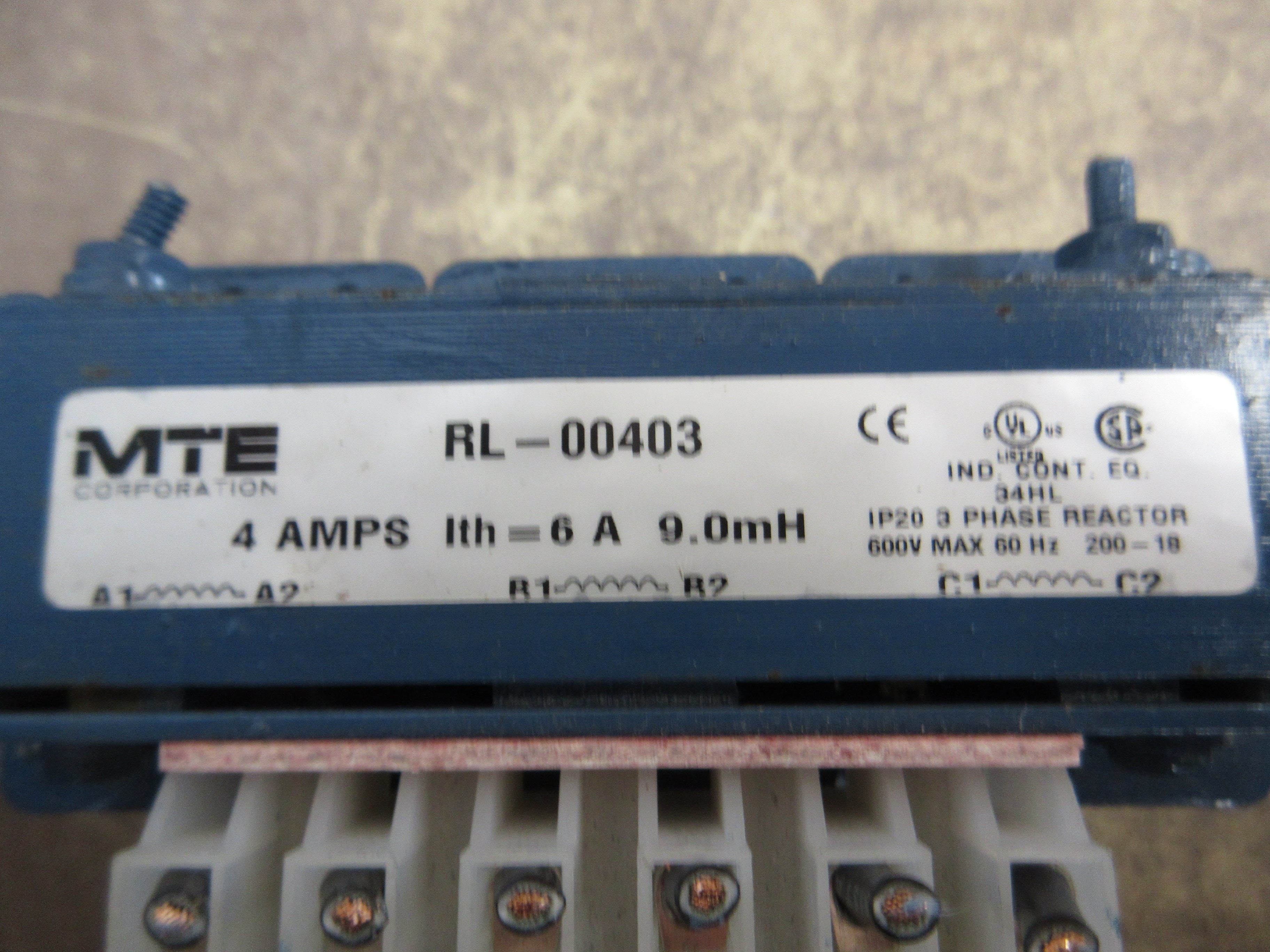 MTE 3-Phase Line Reactor RL-00403 9.0mH 4A 600V Used