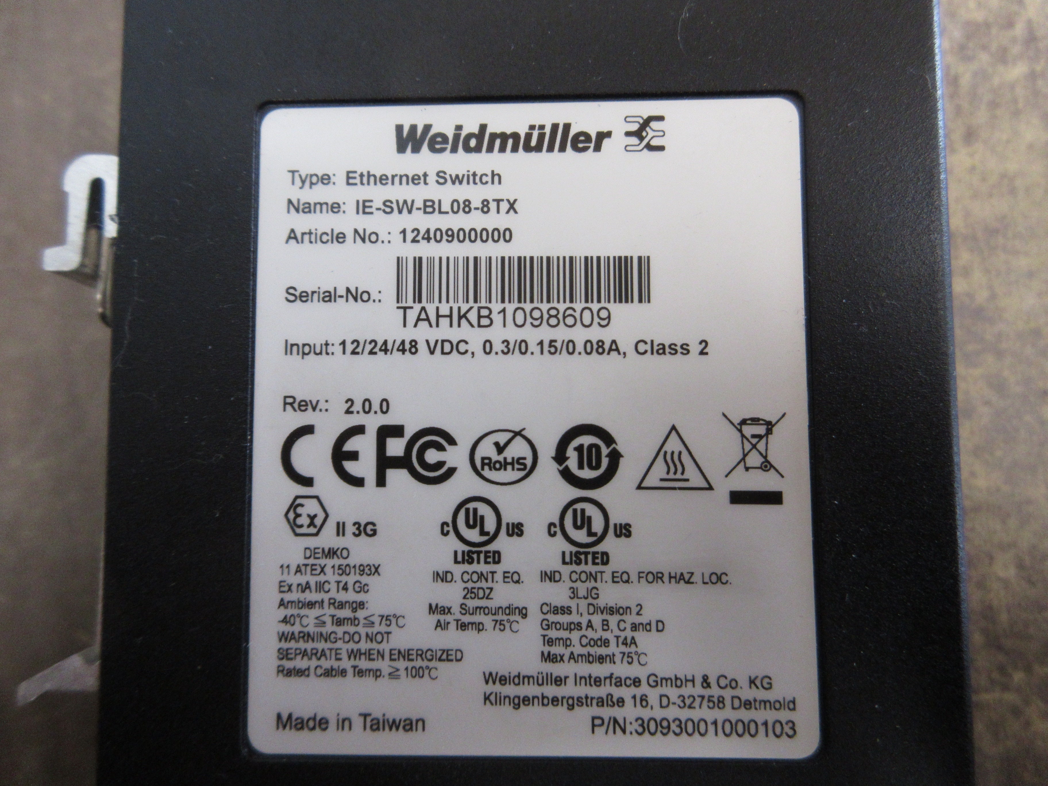 Weidmuller IE-SW-BL08-8TX Ethernet Switch 1240900000 Rev: 2.0.0 8-Port Used