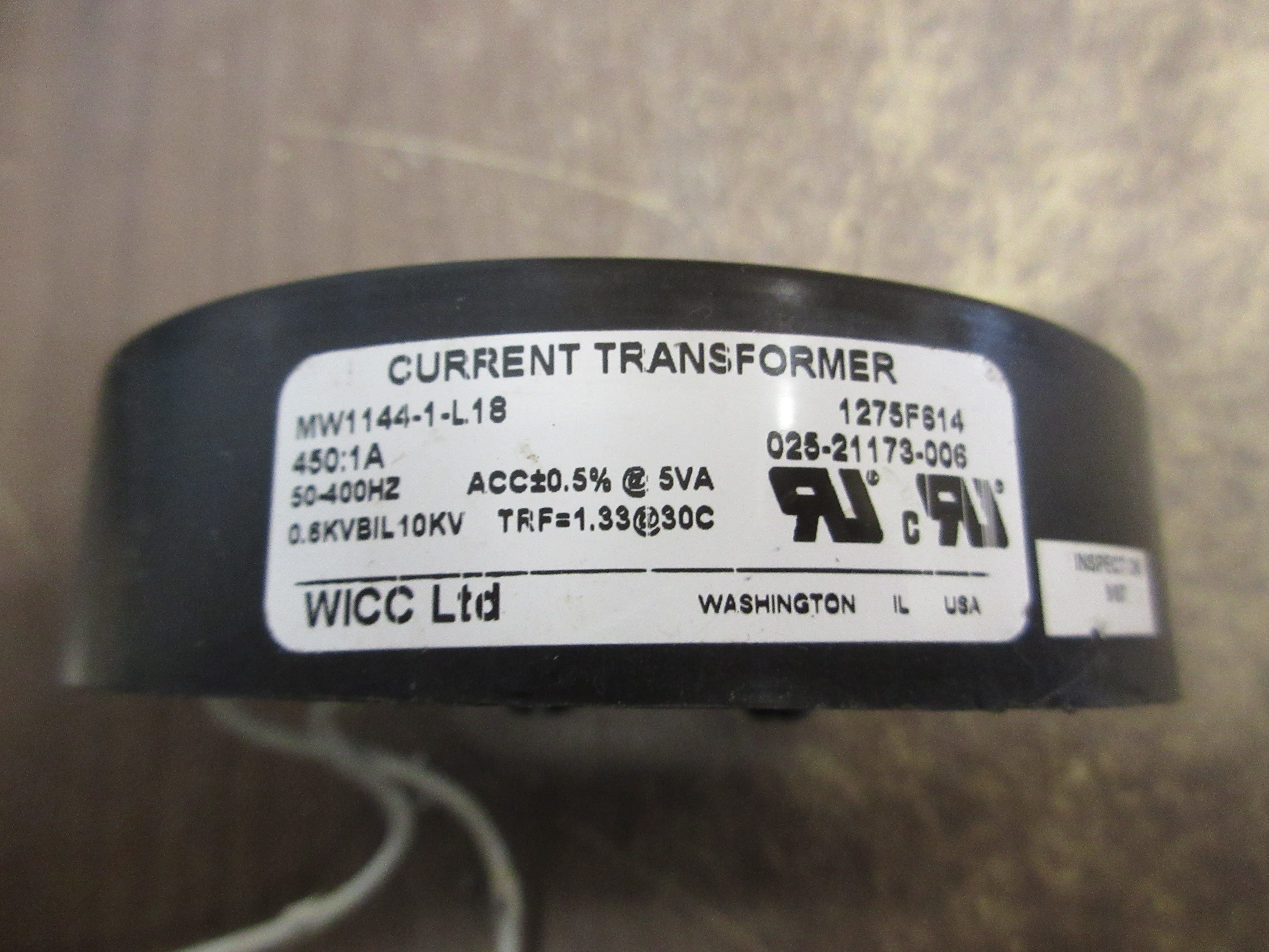 WICC Current Transformer MW1144-1-L18 Ratio 450:1A 600V 50-400Hz 10kV BIL Used